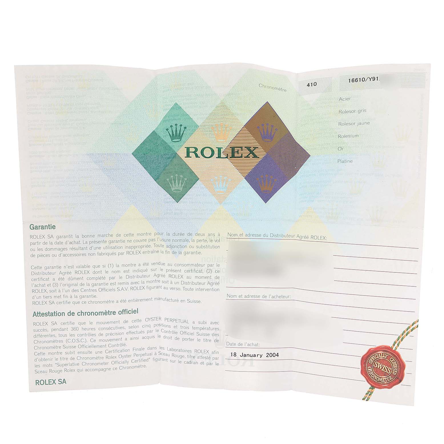 This image shows the warranty card for a Rolex Submariner 16610 Men
s Stainless Steel Black Dial 16610 Men
s Stainless Steel Black Dial watch.