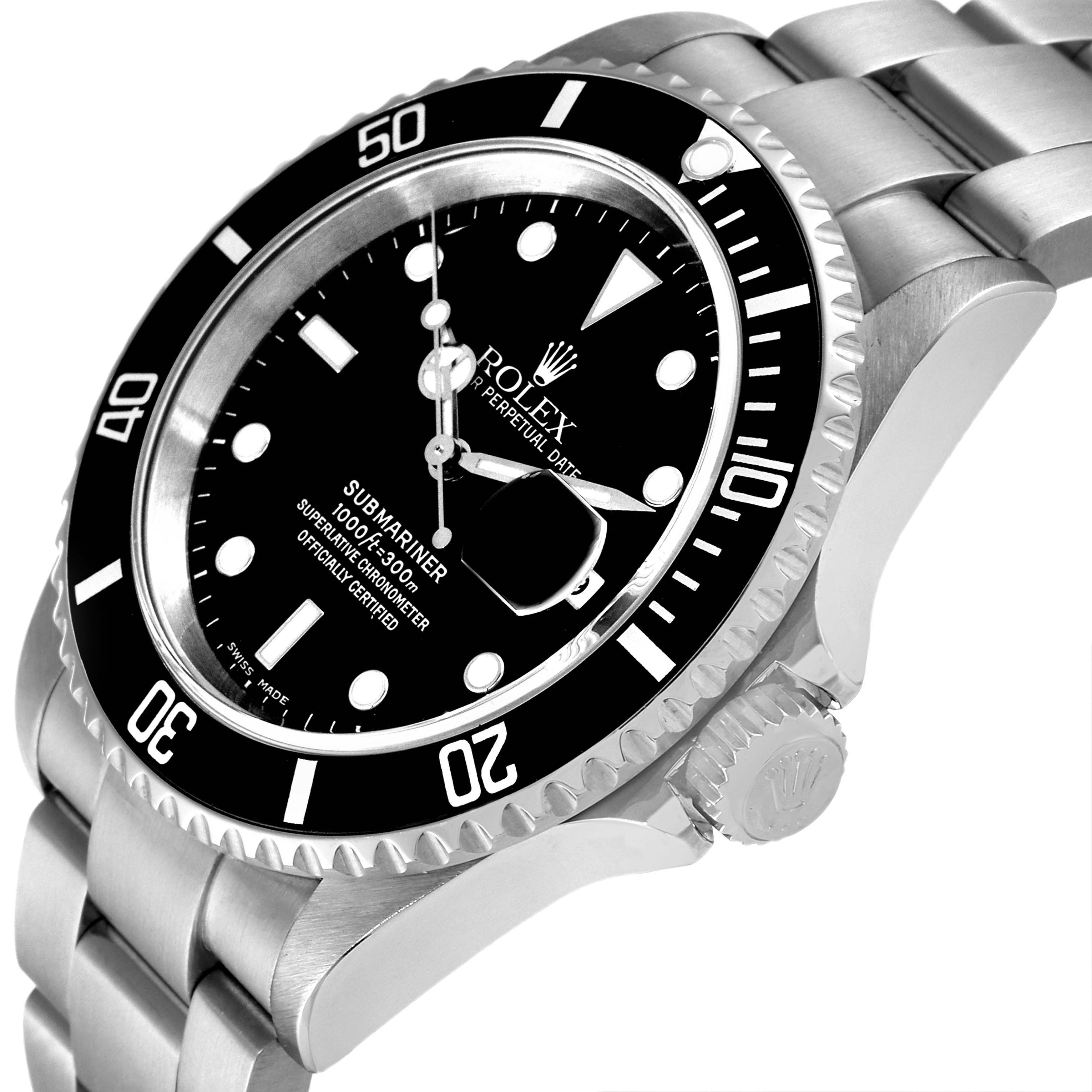 This image shows a Rolex Submariner 16610 Men
s Stainless Steel Black Dial 16610 Men
s Stainless Steel Black Dial watch at a three-quarter angle, highlighting the dial, bezel, crown, and bracelet.