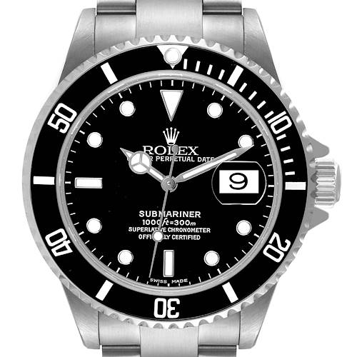 This image shows a front view of the Rolex Submariner watch, highlighting its face, bezel, crown, and part of the bracelet.