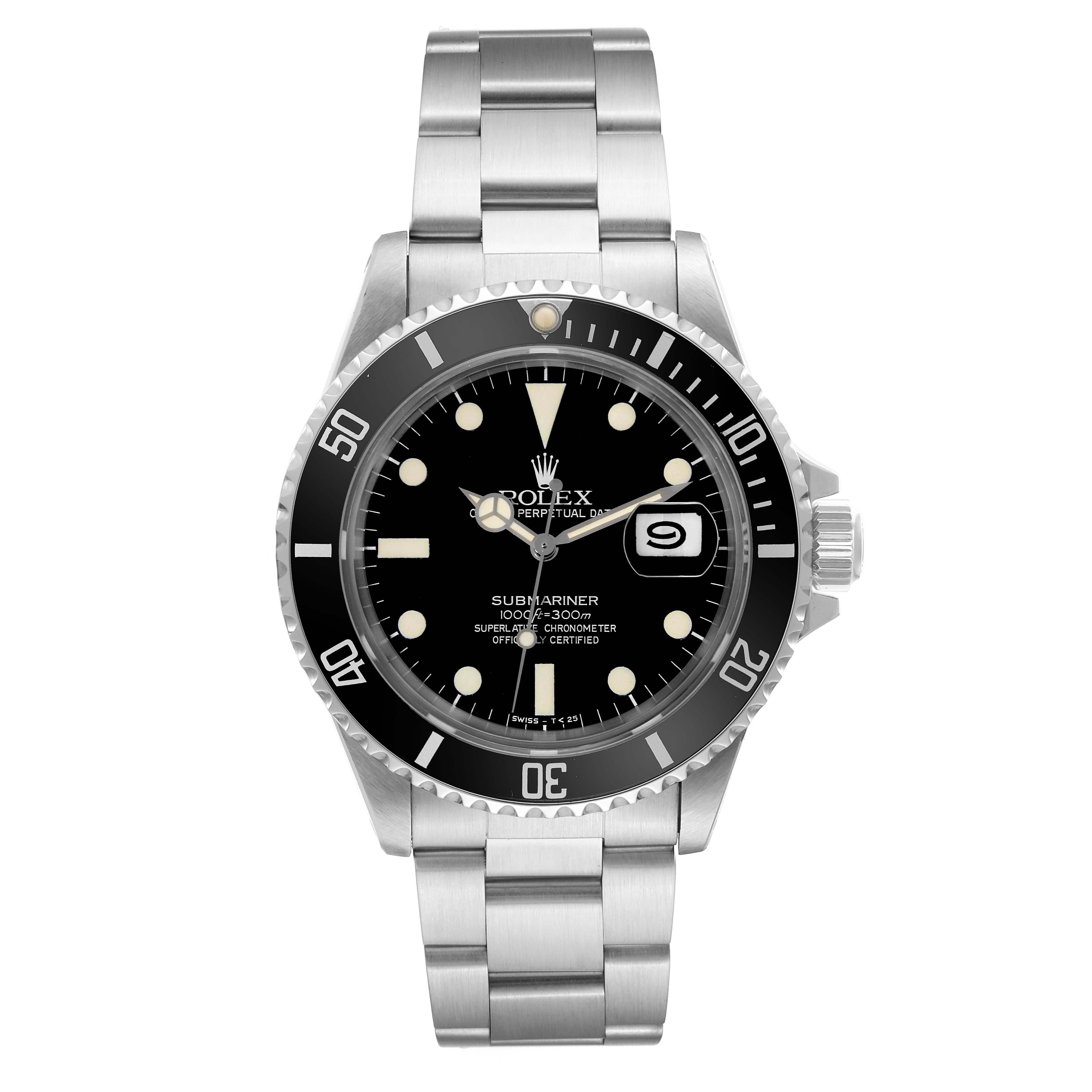 The Rolex Vintage Collection 16800 Men's Stainless Steel Black Dial 16800 Men's Stainless Steel Black Dial Submariner is shown in a front view, displaying its face, bezel, crown, and stainless steel bracelet.