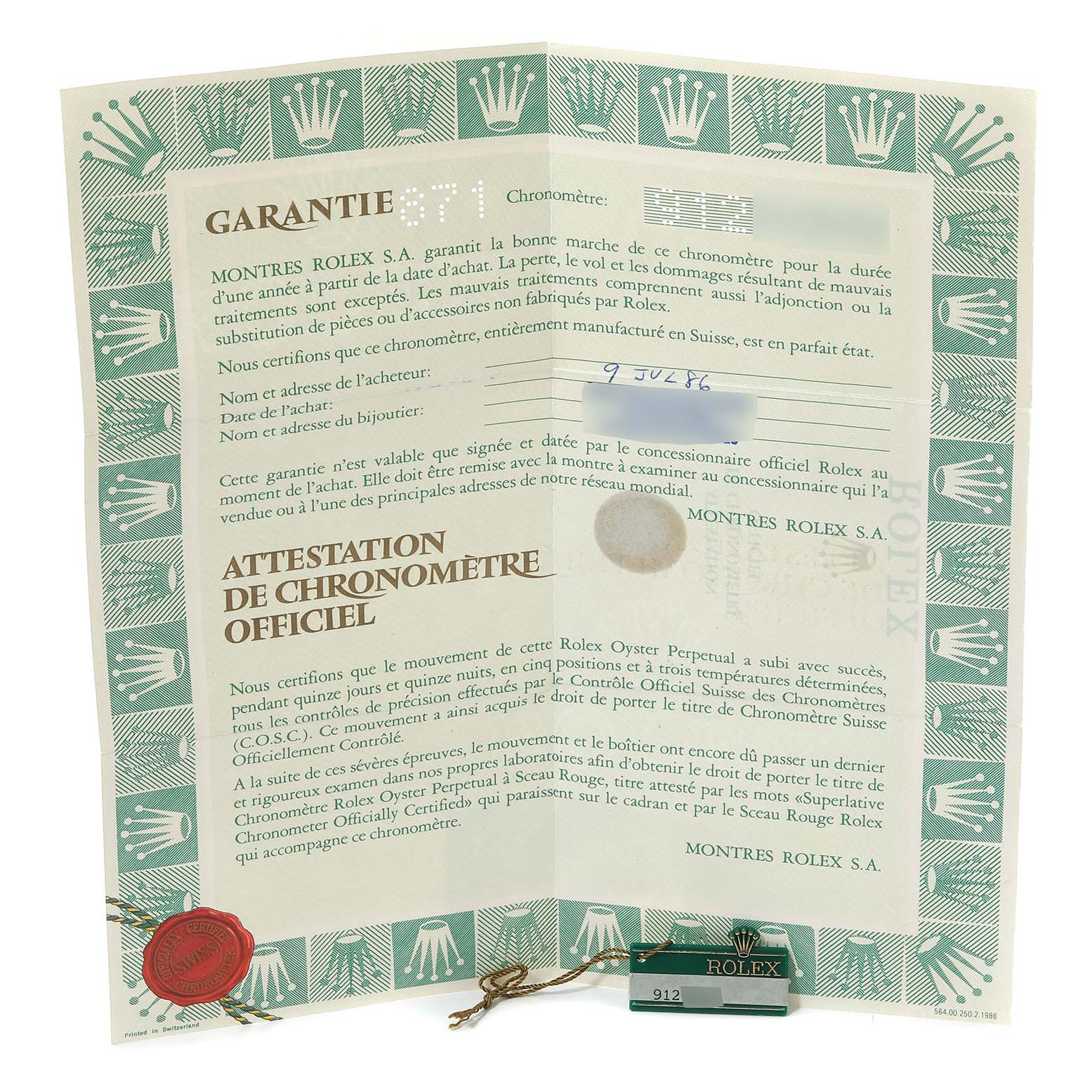 The image shows a warranty certificate for the Vintage Collection model by Rolex, viewed from a top angle.