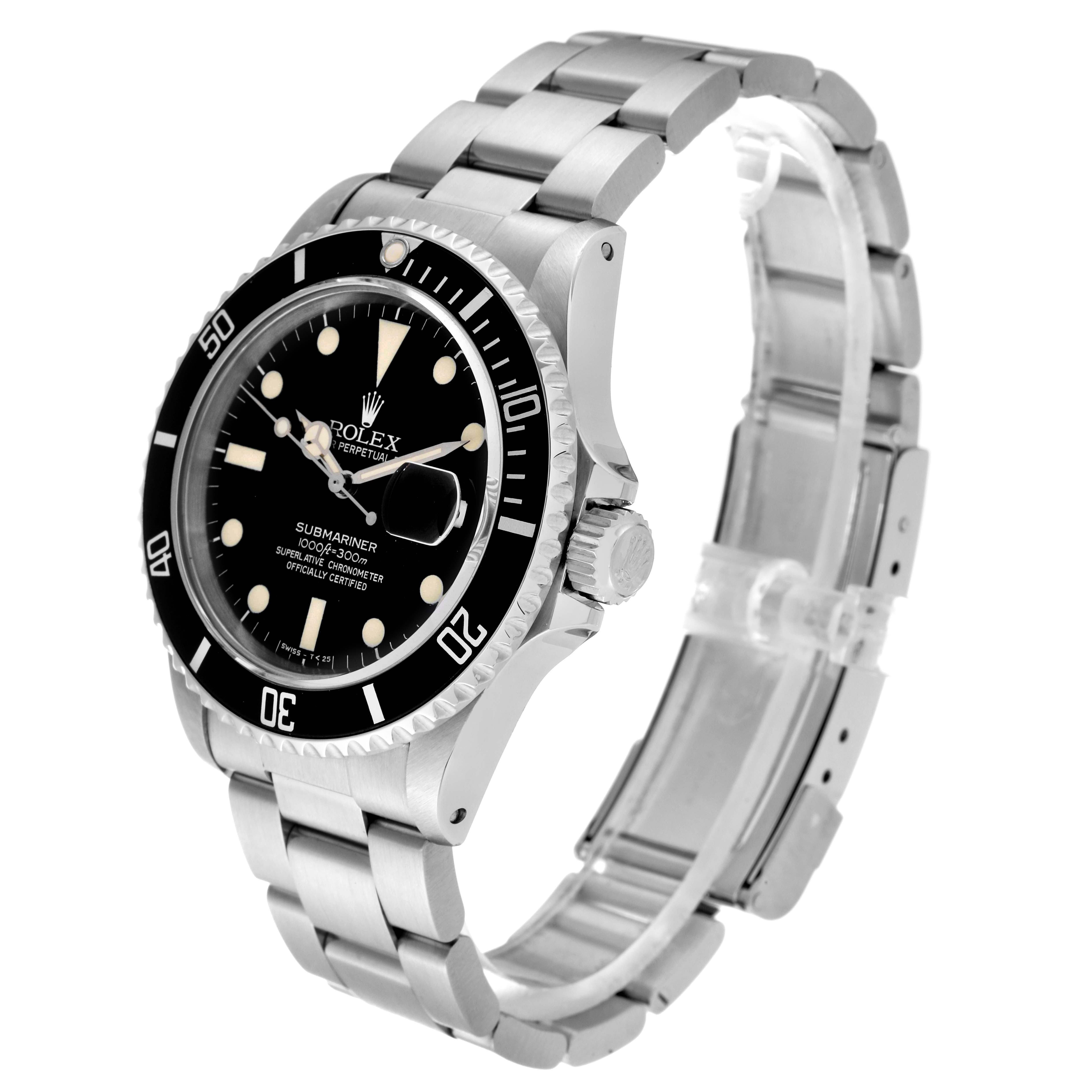 The image shows a side and front angle of the Rolex Vintage Collection 16800 Men's Stainless Steel Black Dial 16800 Men's Stainless Steel Black Dial Submariner watch, highlighting the bezel, dial, and bracelet.