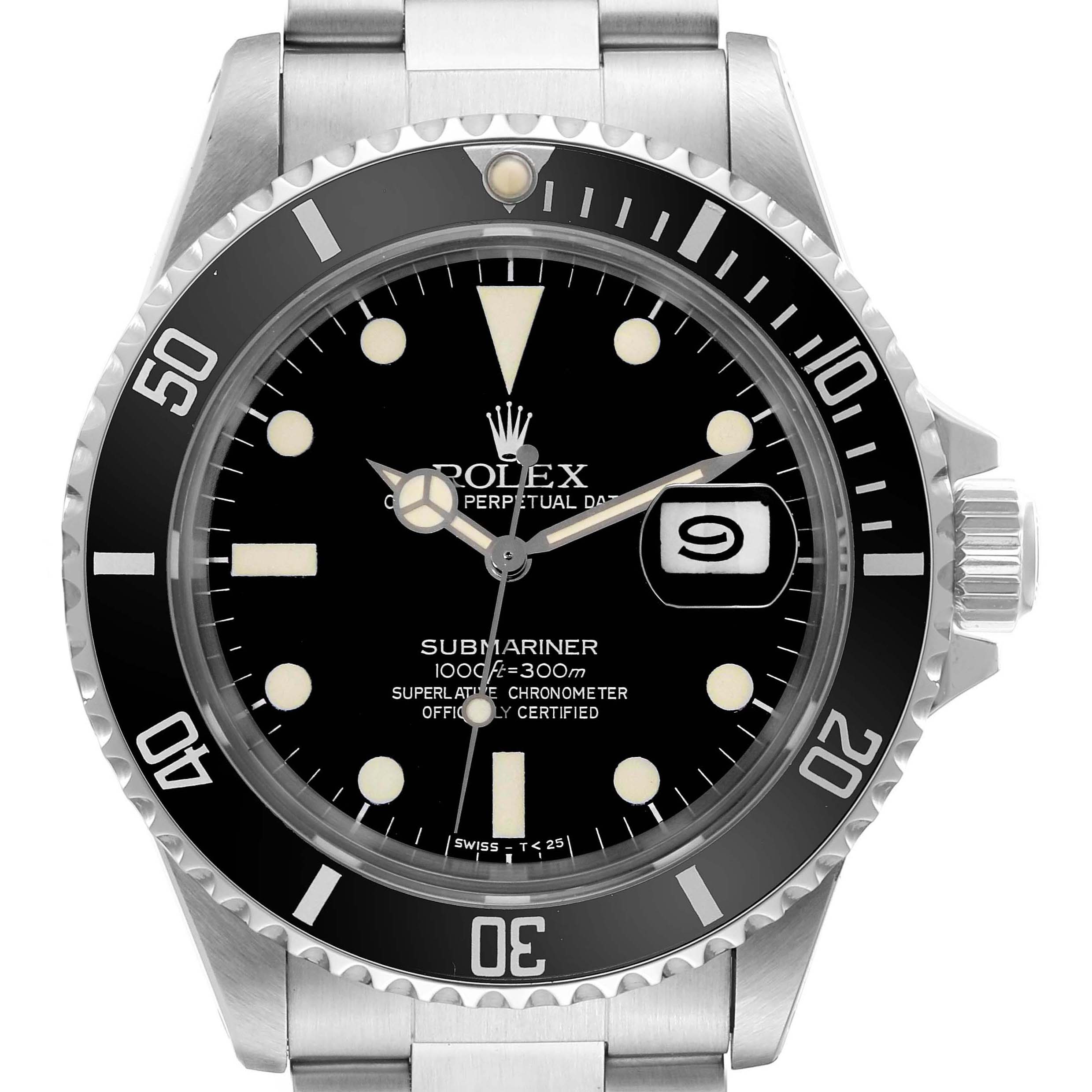 The image shows a front view of the Rolex Vintage Collection 16800 Men's Stainless Steel Black Dial 16800 Men's Stainless Steel Black Dial Submariner watch, displaying the dial, bezel, and part of the bracelet.