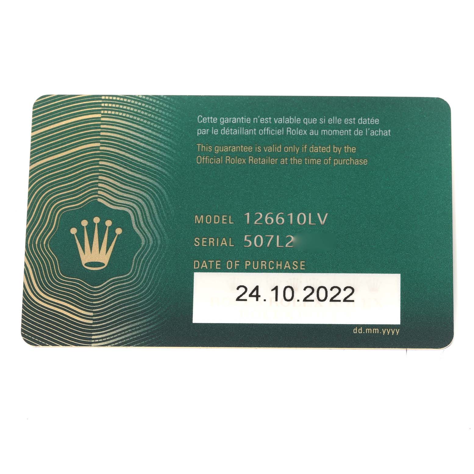 The image shows a guarantee card for a Rolex Submariner 126610LV Men's Stainless Steel Black Dial 126610LV Men's Stainless Steel Black Dial model 126610LV, with purchase date and serial number visible.