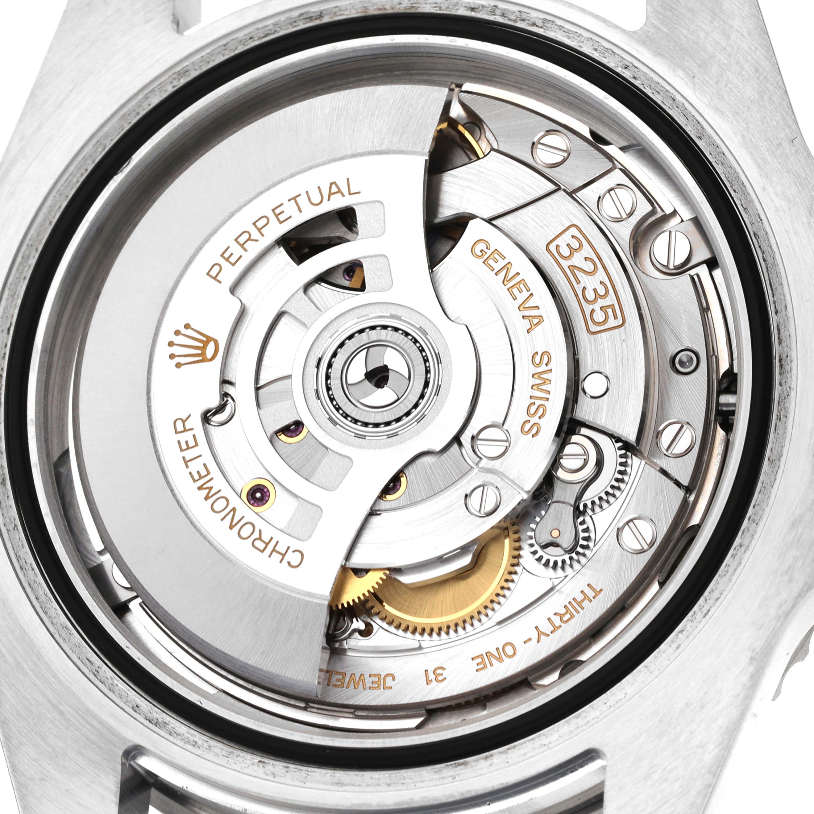 The image shows the detailed internal mechanics and movement of a Rolex Submariner 126610LV Men's Stainless Steel Black Dial 126610LV Men's Stainless Steel Black Dial watch.