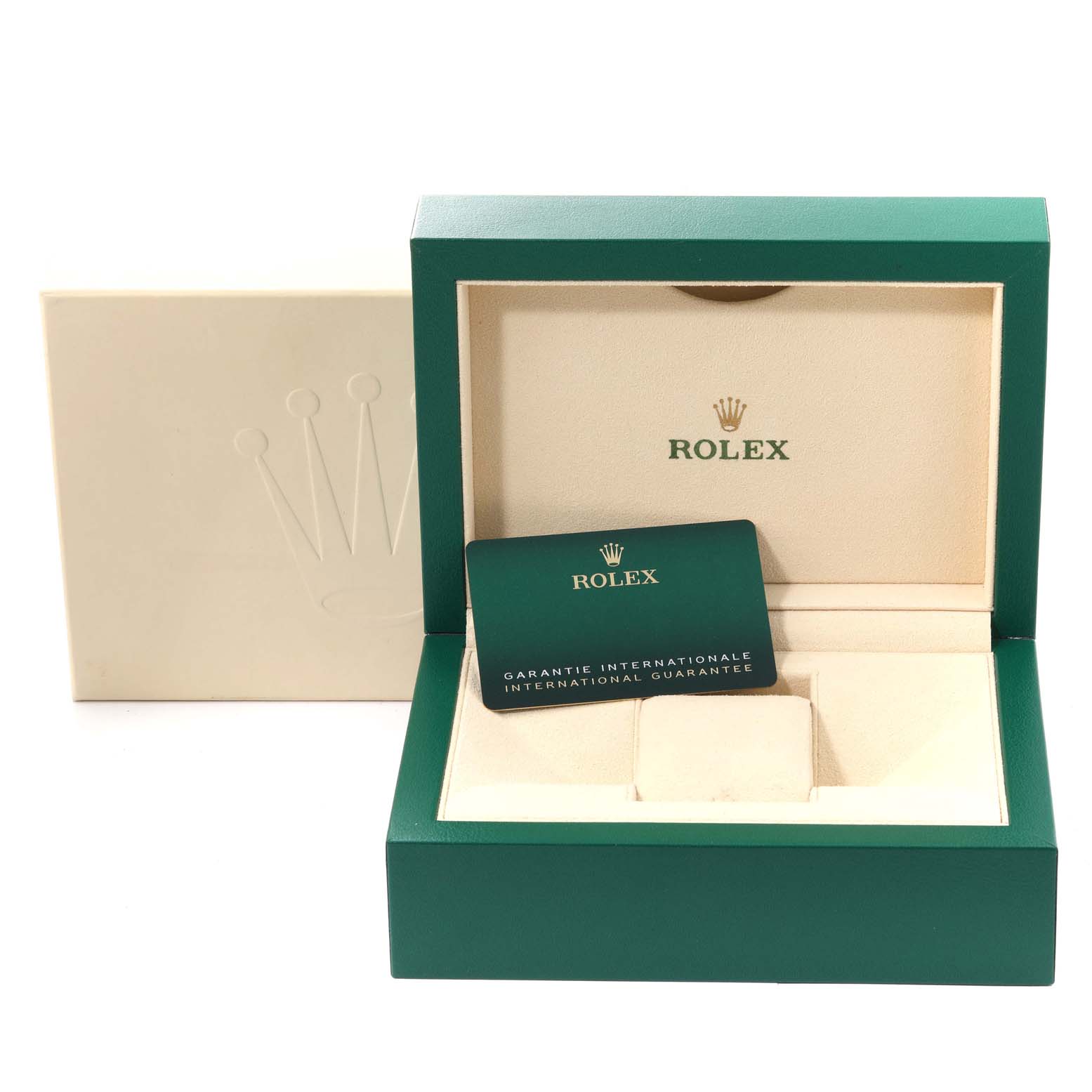The image shows the open box of a Rolex Submariner 126610LV Men's Stainless Steel Black Dial 126610LV Men's Stainless Steel Black Dial with a warranty card and the outer cream-colored box.