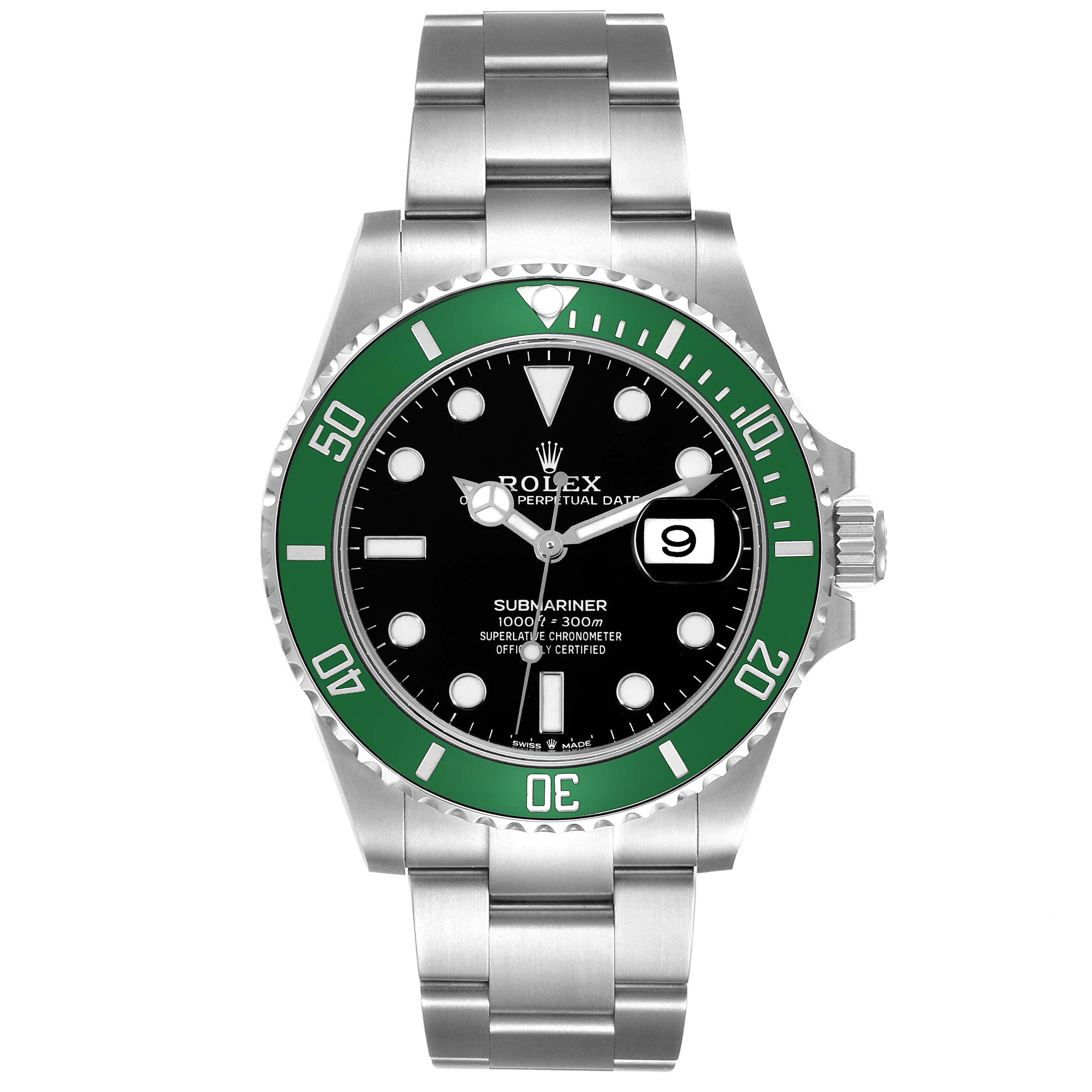 This image shows a front view of a Rolex Submariner 126610LV Men's Stainless Steel Black Dial 126610LV Men's Stainless Steel Black Dial watch, highlighting the green bezel, black dial, and metal bracelet.