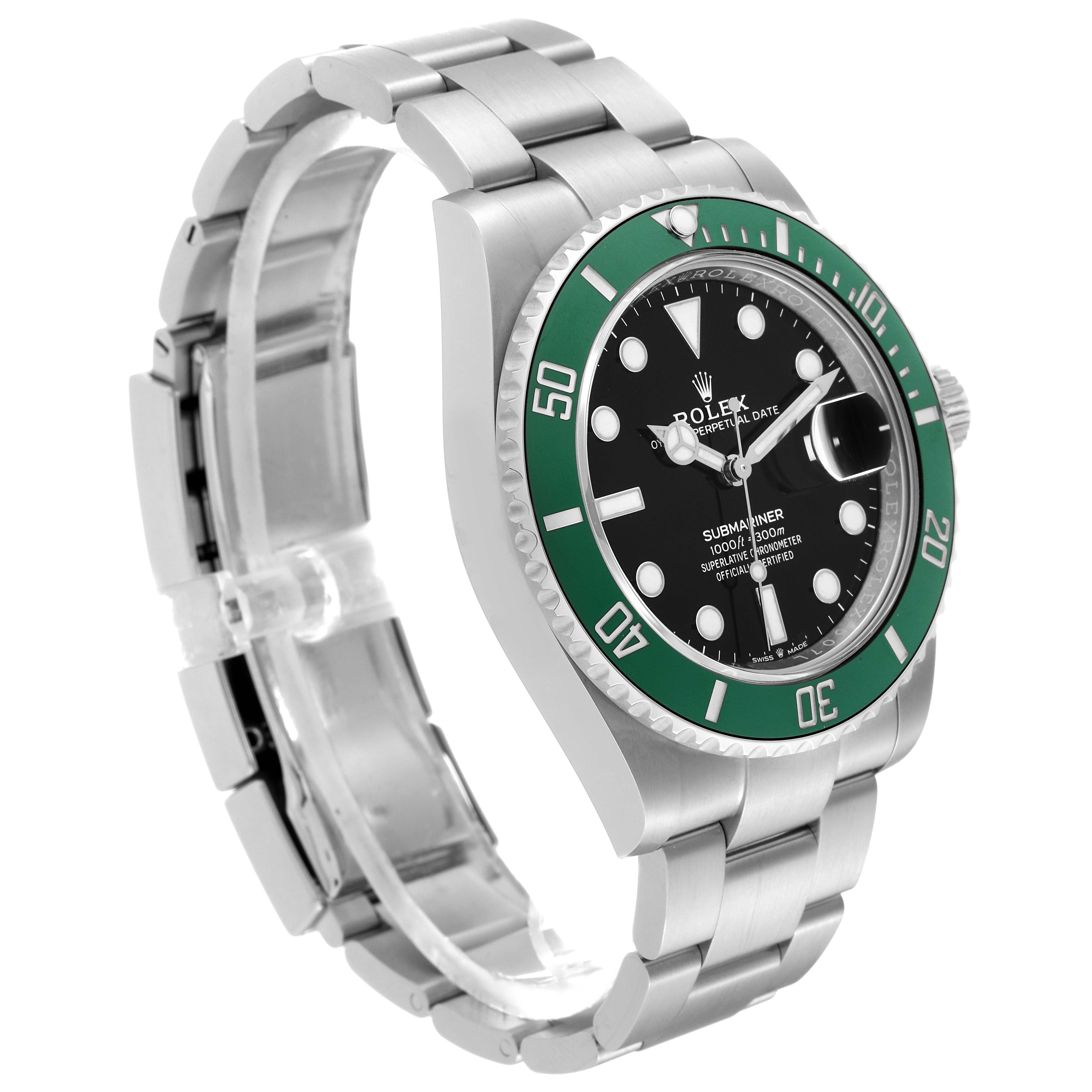 The image shows a Rolex Submariner 126610LV Men's Stainless Steel Black Dial 126610LV Men's Stainless Steel Black Dial watch at a three-quarter angle, highlighting the bracelet, bezel, and face.