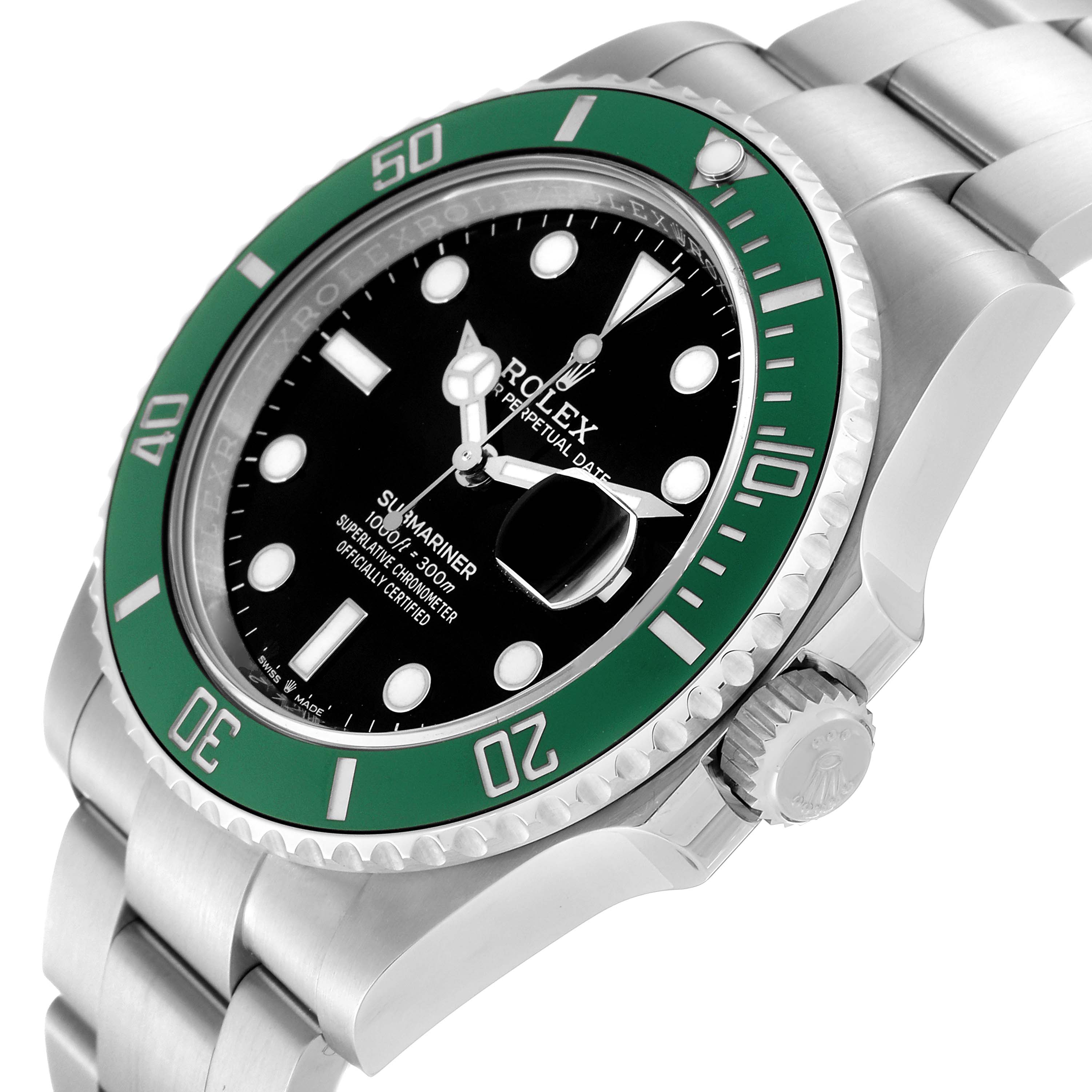 This image of the Rolex Submariner 126610LV Men's Stainless Steel Black Dial 126610LV Men's Stainless Steel Black Dial watch shows a close-up angled view highlighting the face, bezel, and part of the bracelet.