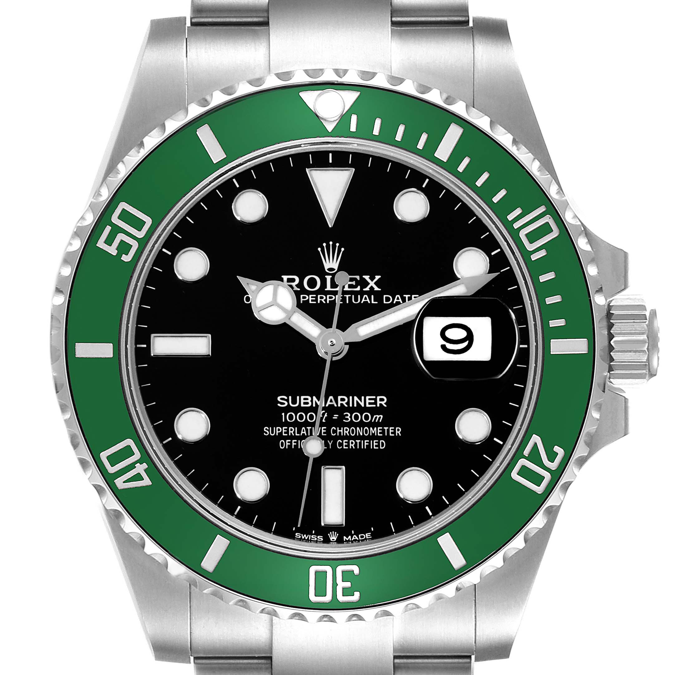 The image shows a front view of a Rolex Submariner 126610LV Men's Stainless Steel Black Dial 126610LV Men's Stainless Steel Black Dial watch featuring a green bezel and date window at 3 o'clock.