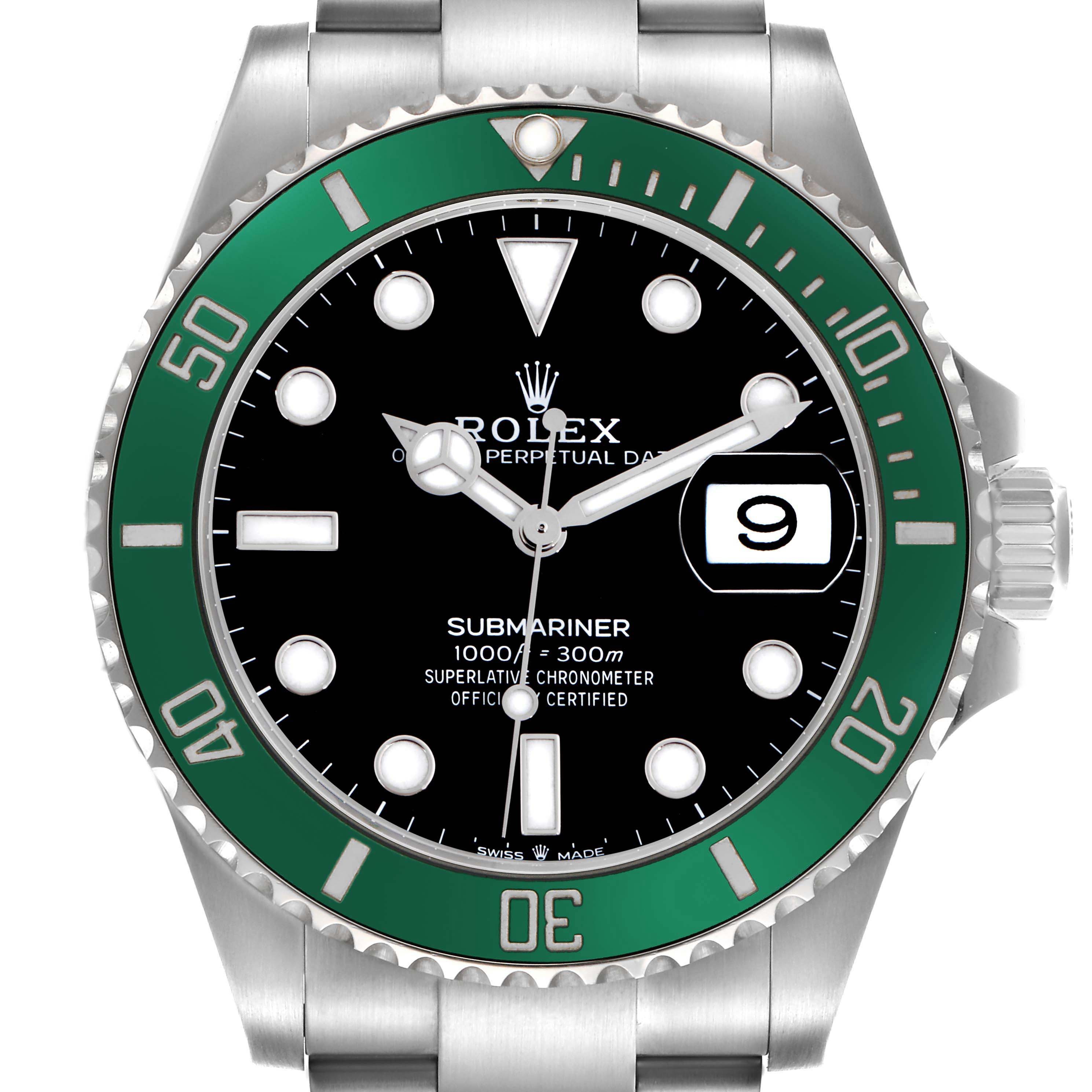 The Rolex Submariner 126610LV Men
s Stainless Steel Black Dial 126610LV Men
s Stainless Steel Black Dial watch is shown from the front, highlighting its dial, bezel, crown, and bracelet.