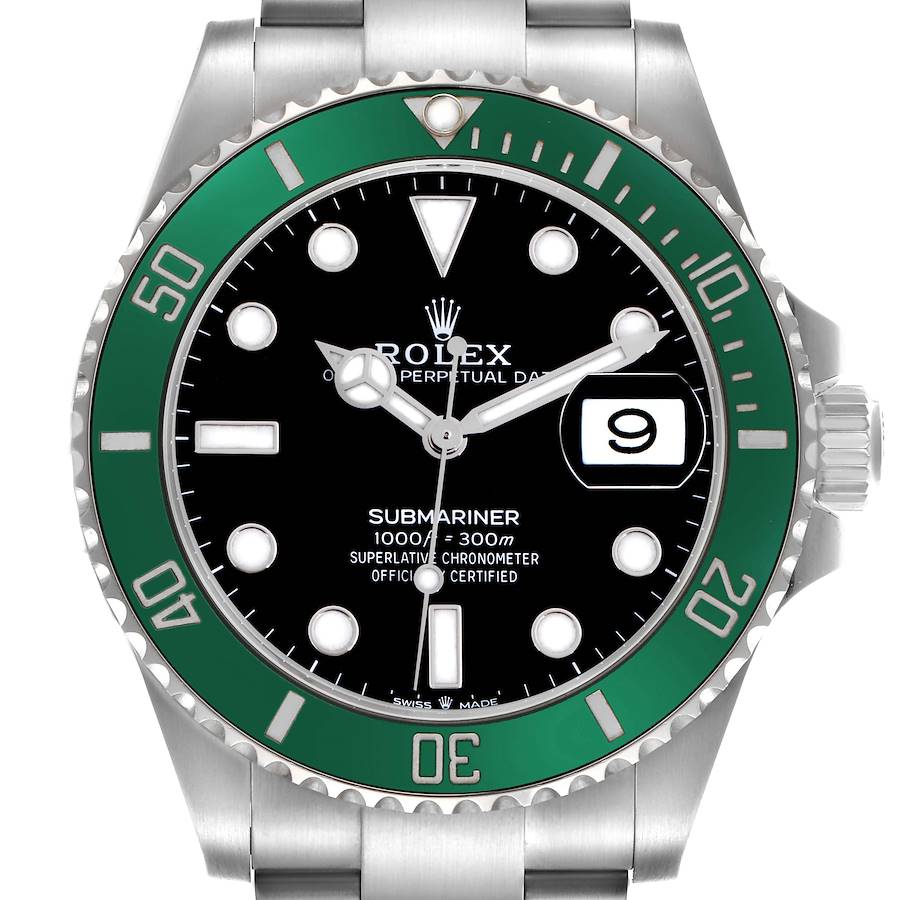 The Rolex Submariner watch is shown from the front, highlighting its dial, bezel, crown, and bracelet.