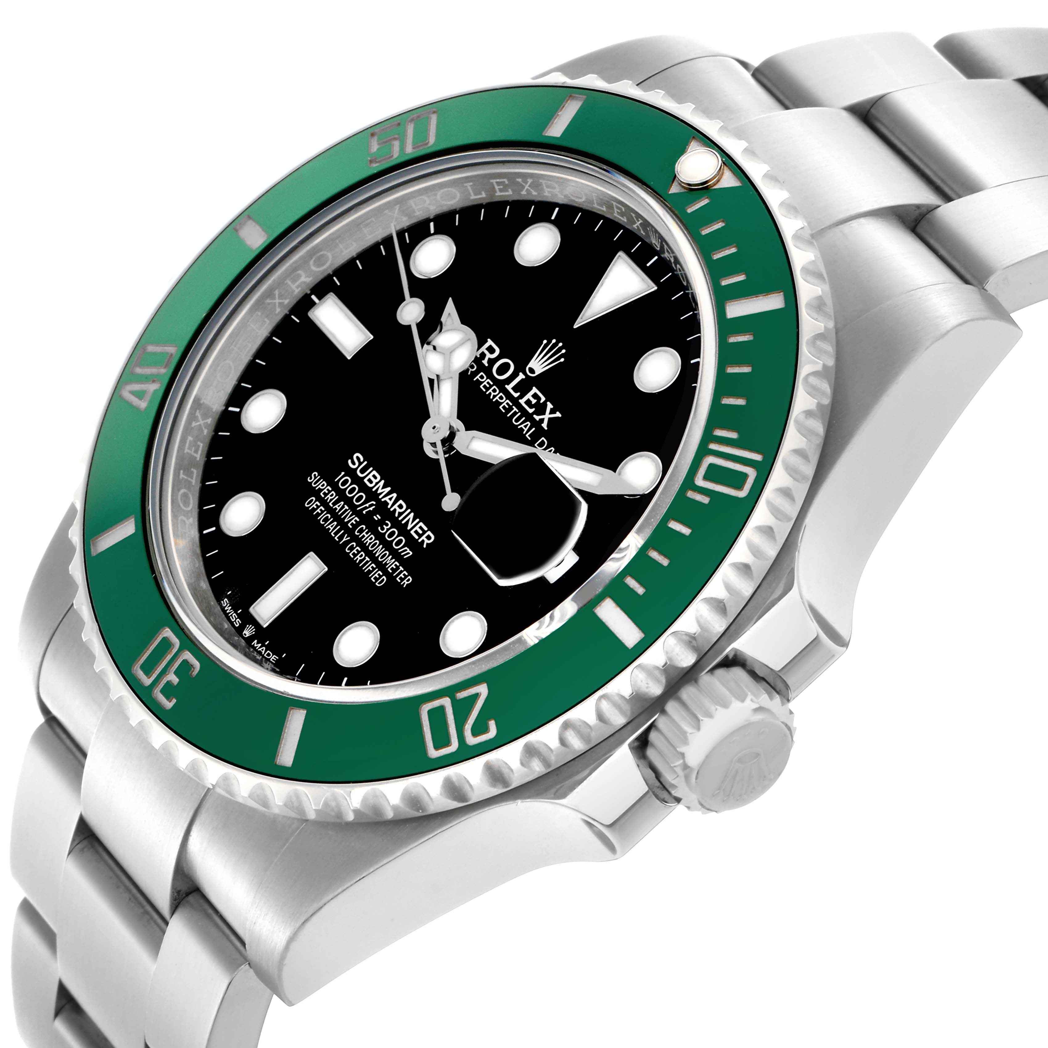 The Rolex Submariner 126610LV Men
s Stainless Steel Black Dial 126610LV Men
s Stainless Steel Black Dial is shown from a side angle, highlighting the green bezel, black dial, and metal bracelet.