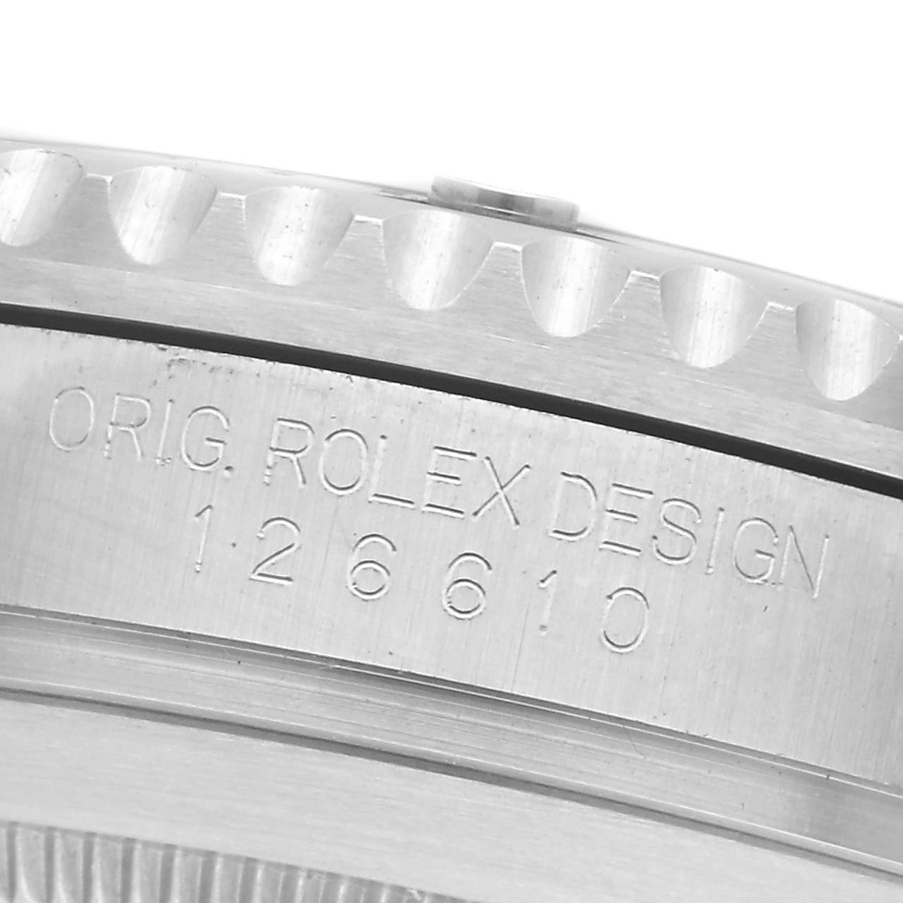 The image shows the side engraving on the case of a Rolex Submariner 126610LV Men
s Stainless Steel Black Dial 126610LV Men
s Stainless Steel Black Dial, model number 126610.