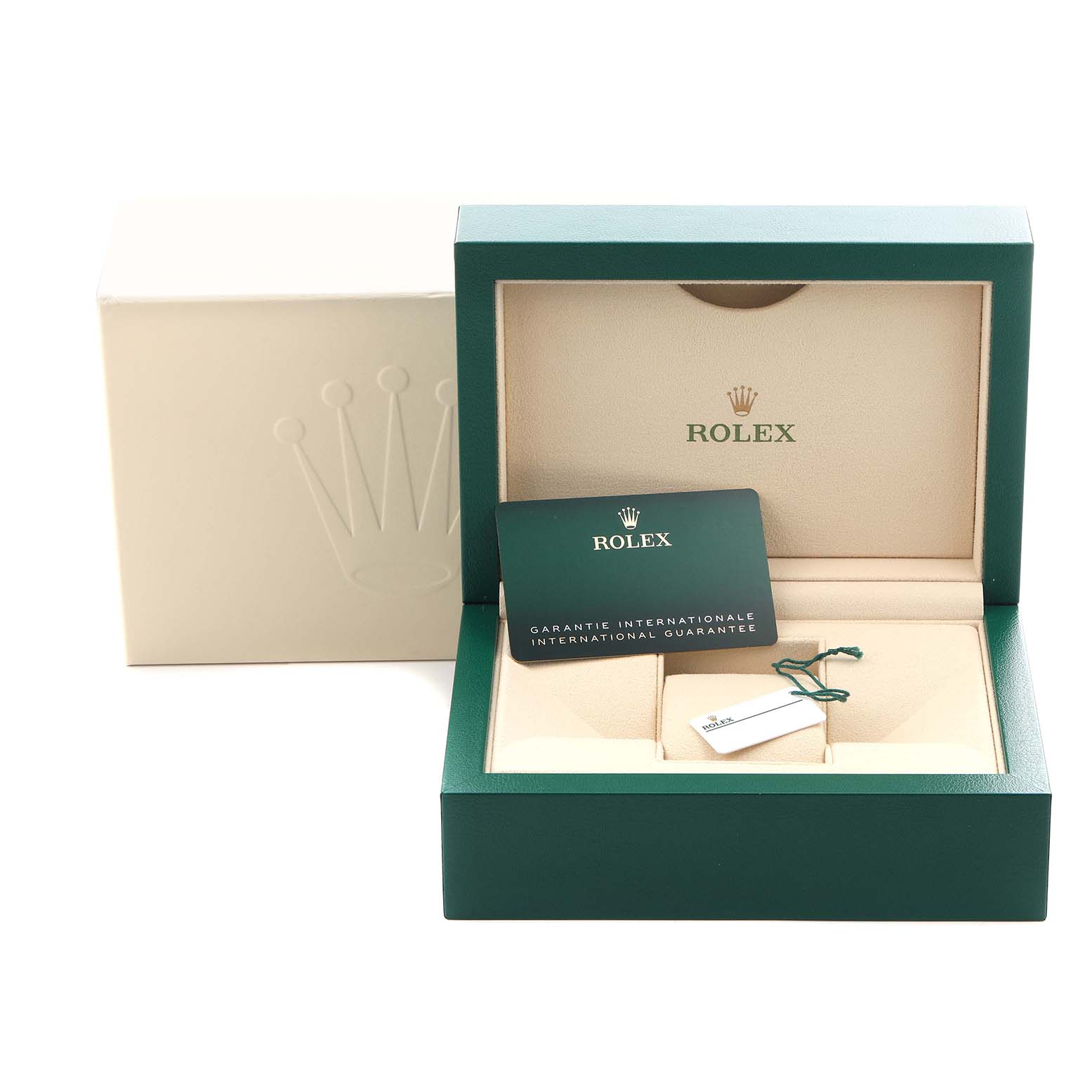 The image shows a Rolex Submariner 126610LV Men
s Stainless Steel Black Dial 126610LV Men
s Stainless Steel Black Dial watch box open, with a warranty card and tag inside, viewed from the front.