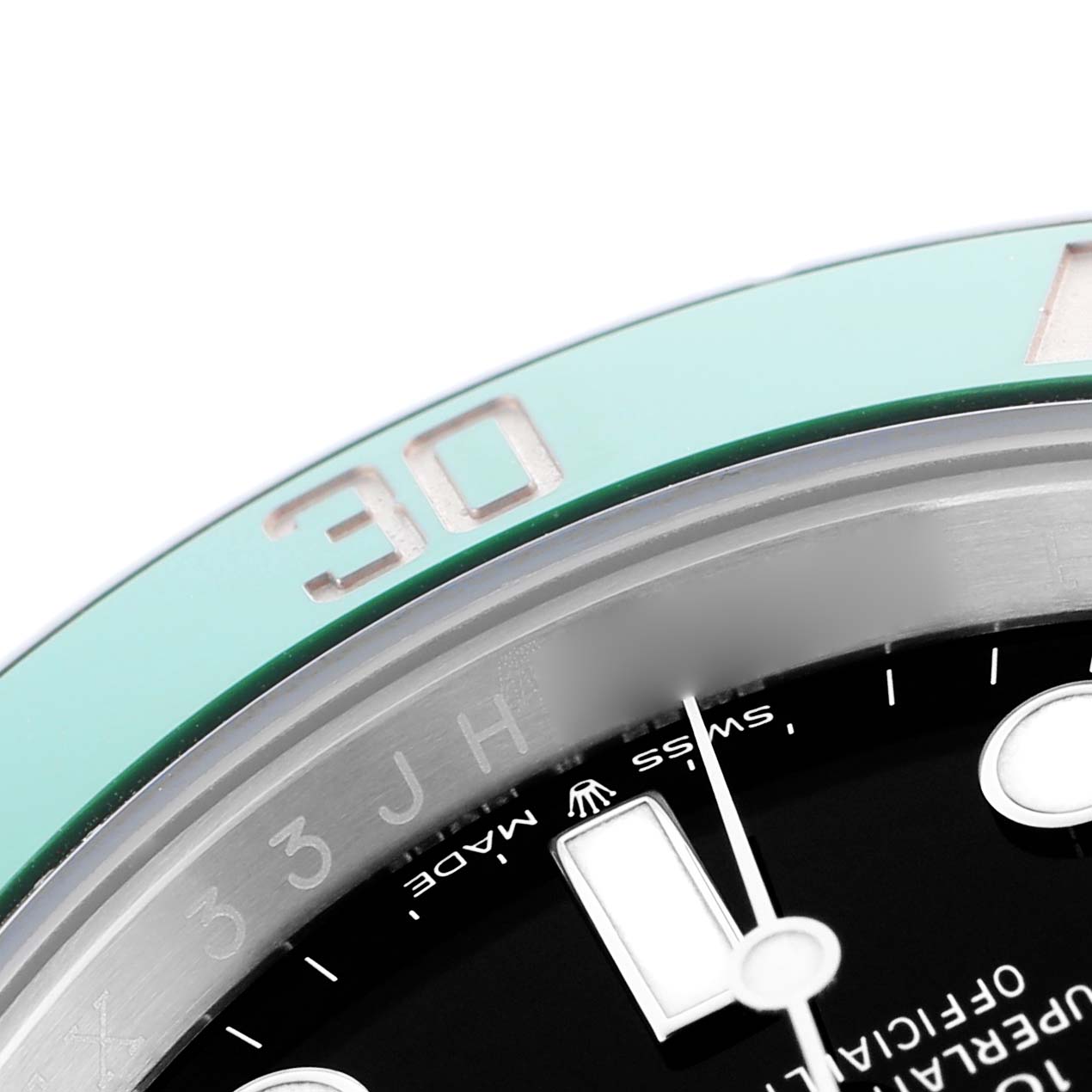 The image shows a close-up of the bezel and dial of a Rolex Submariner 126610LV Men
s Stainless Steel Black Dial 126610LV Men
s Stainless Steel Black Dial, highlighting the "30" on the bezel.