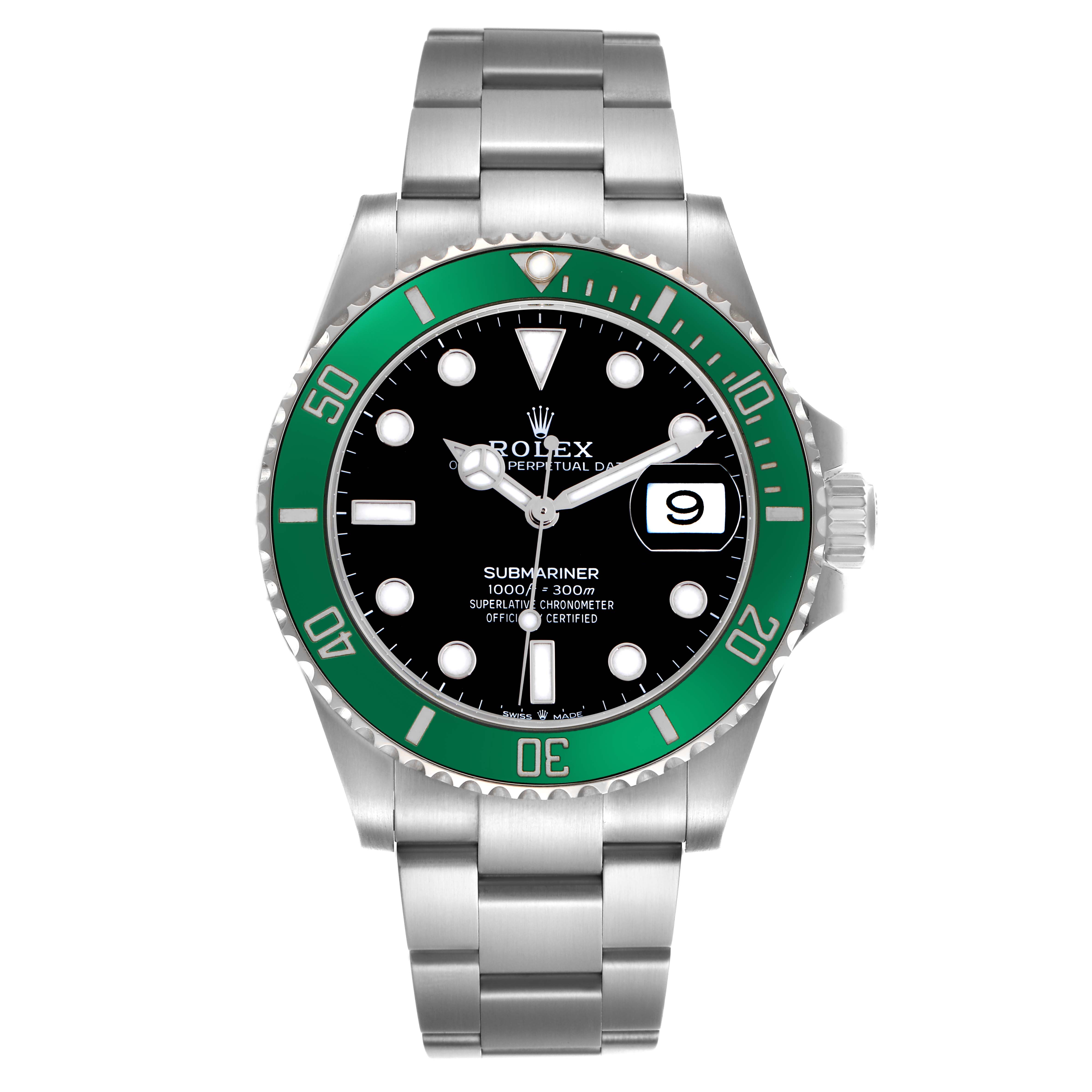 The Rolex Submariner 126610LV Men
s Stainless Steel Black Dial 126610LV Men
s Stainless Steel Black Dial watch is shown from a top view, highlighting its green bezel, black dial, and metal bracelet.