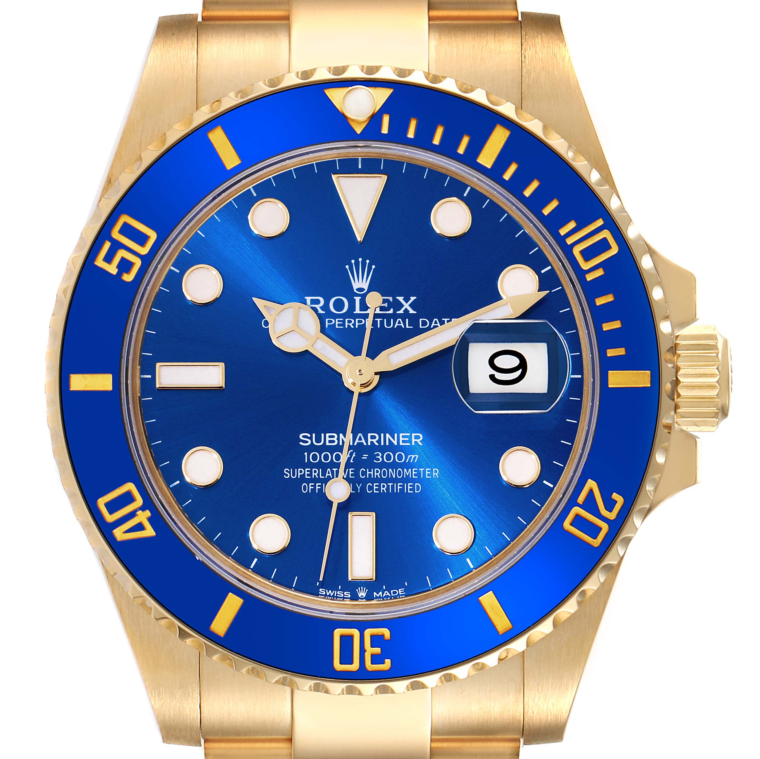 This image shows a front view of a Rolex Submariner 126618LB Men's Yellow Gold Blue Dial 126618LB Men's Yellow Gold Blue Dial watch, highlighting the blue dial, bezel, and date window.