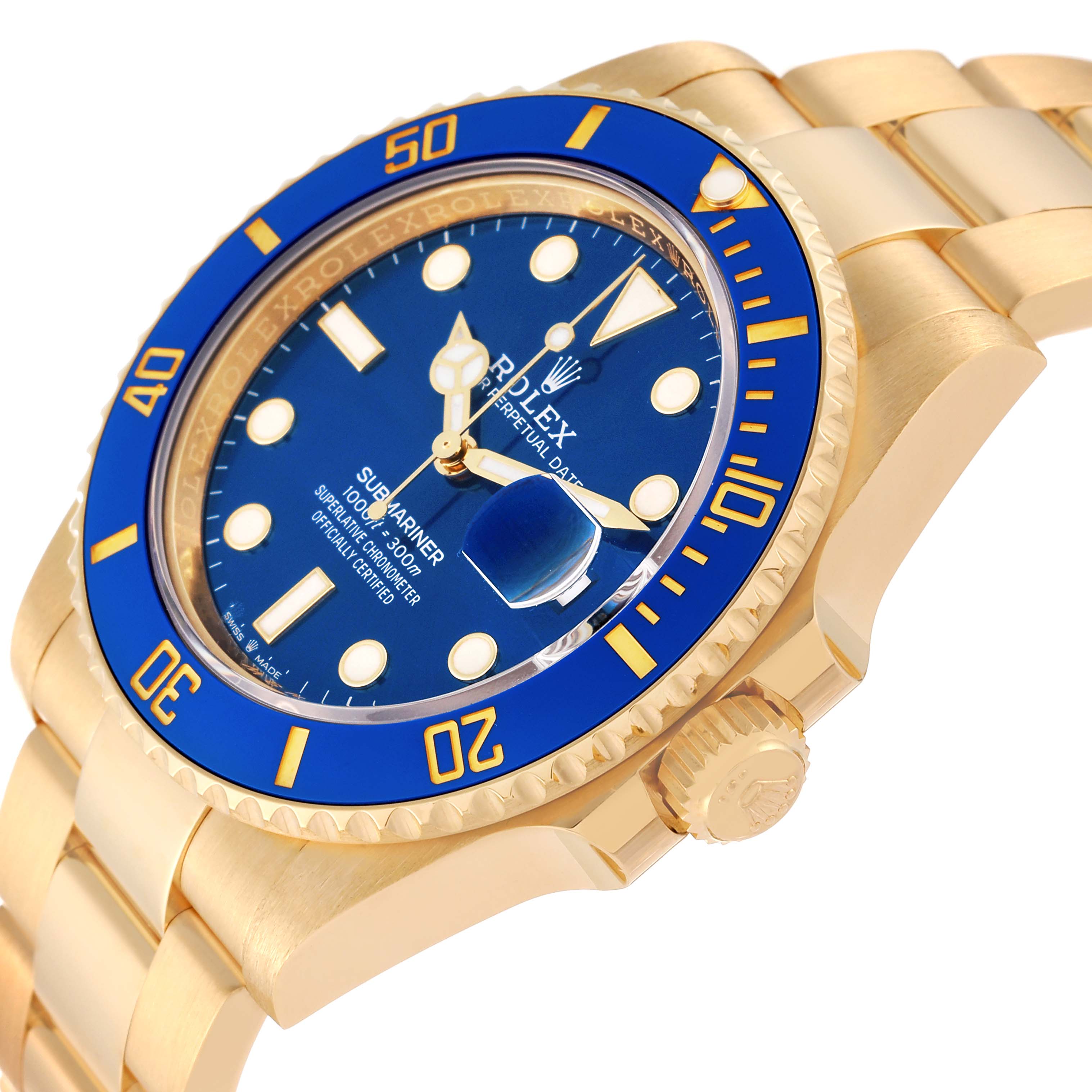 This image shows a side and slightly angled close-up view of a Rolex Submariner 126618LB Men's Yellow Gold Blue Dial 126618LB Men's Yellow Gold Blue Dial watch, highlighting its blue dial, bezel, and gold bracelet.