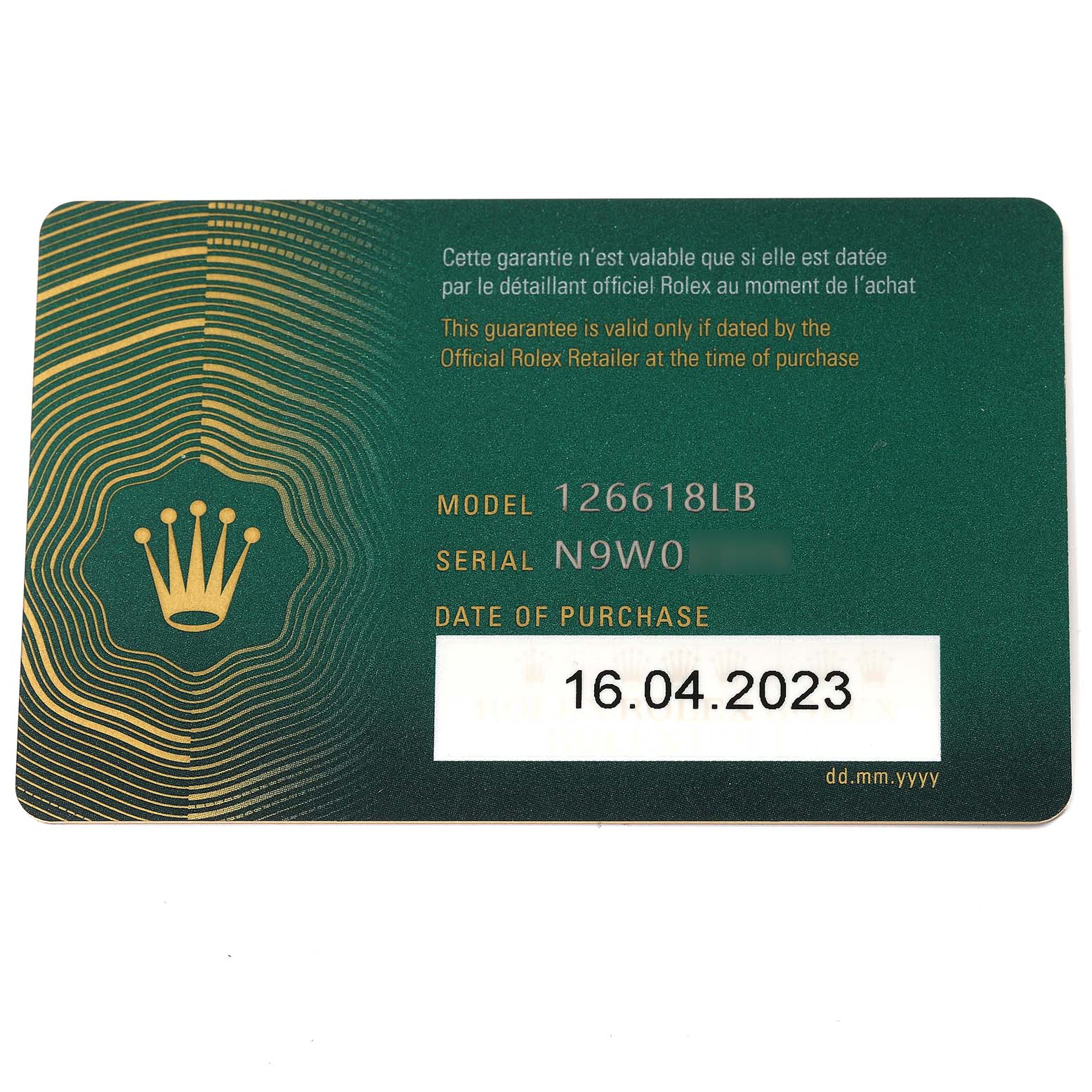 The image shows the guarantee card for a Rolex Submariner 126618LB Men's Yellow Gold Blue Dial 126618LB Men's Yellow Gold Blue Dial model 126618LB.