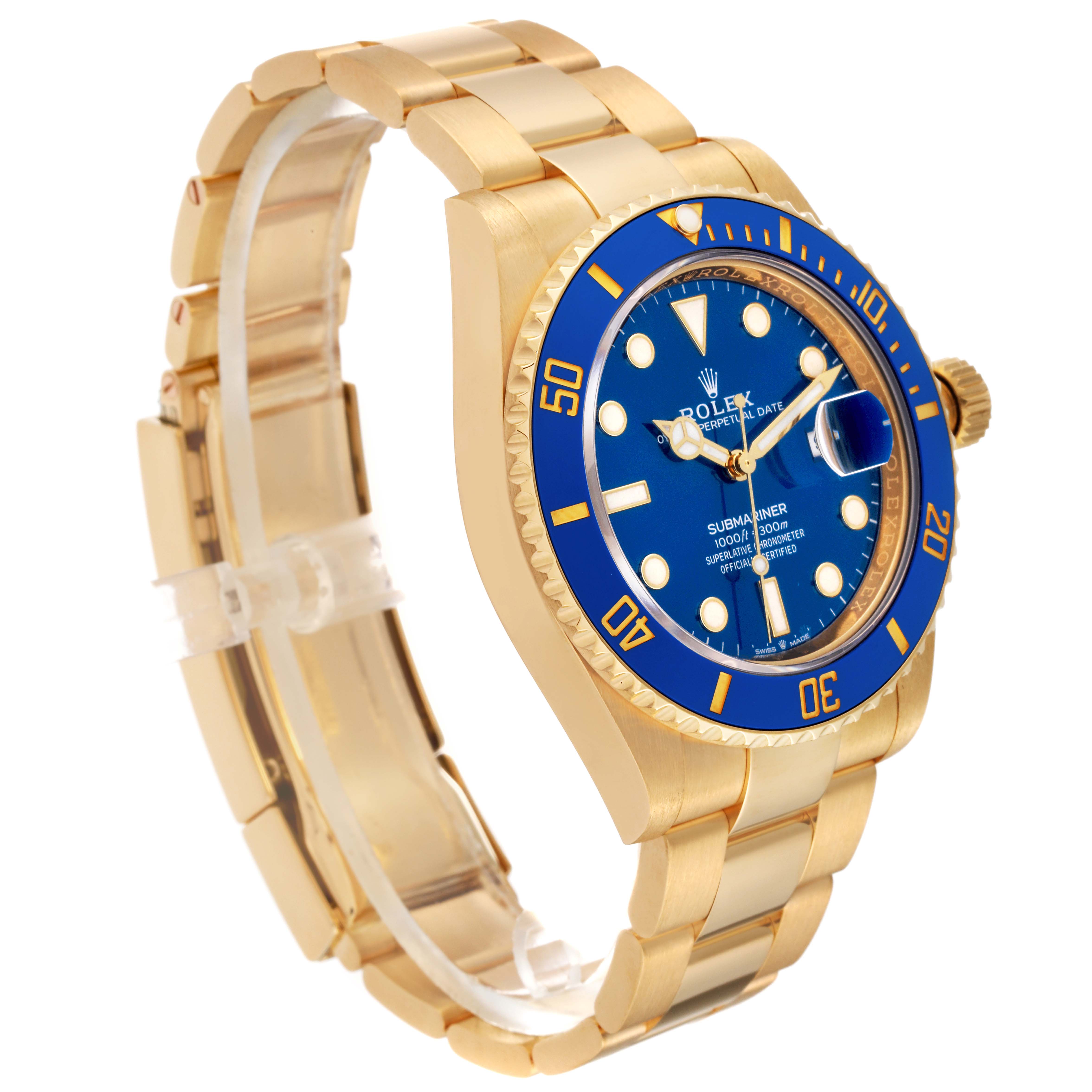 This image shows a side and front angle of the Rolex Submariner 126618LB Men's Yellow Gold Blue Dial 126618LB Men's Yellow Gold Blue Dial watch, highlighting its gold bracelet and blue dial and bezel.