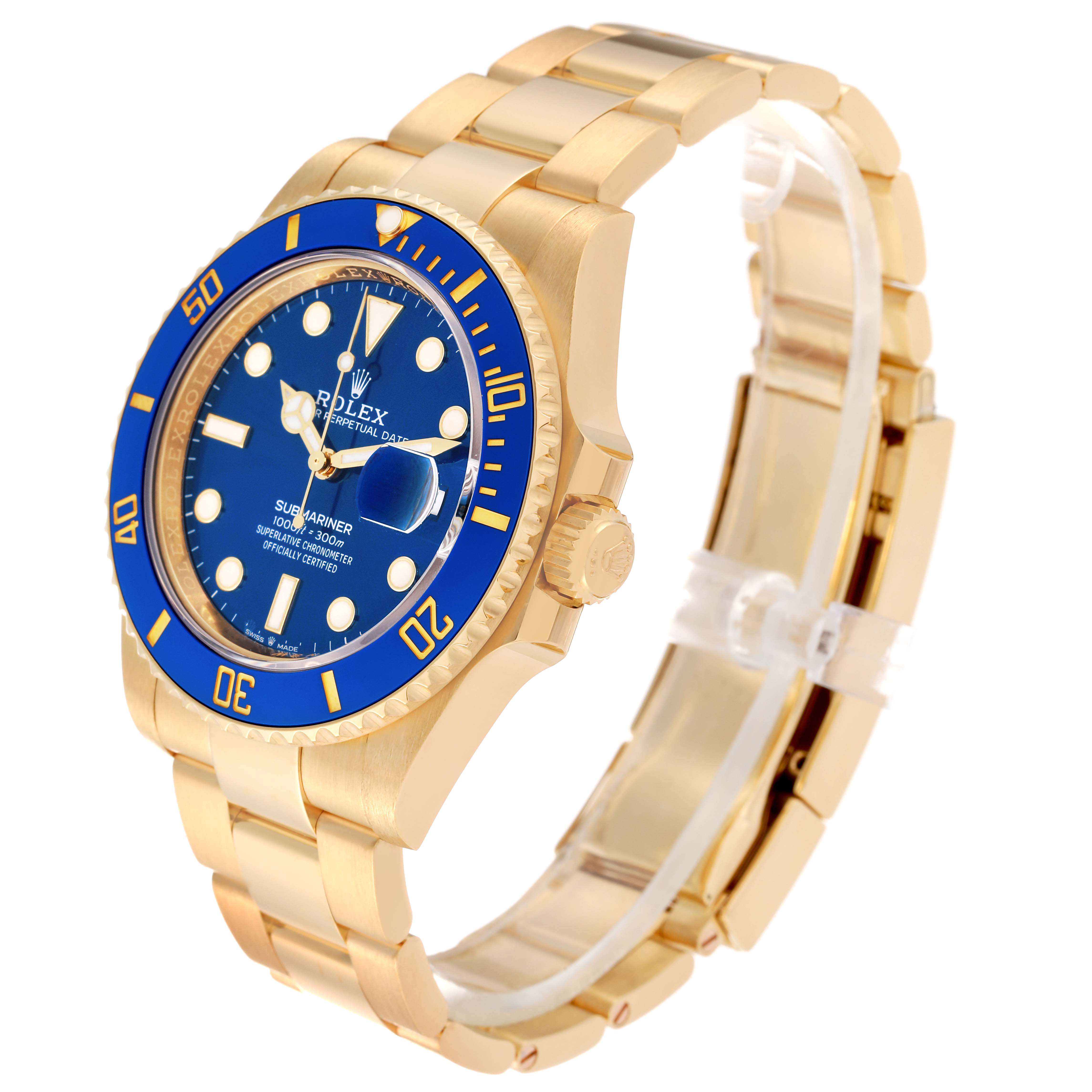 The Rolex Submariner 126618LB Men's Yellow Gold Blue Dial 126618LB Men's Yellow Gold Blue Dial watch is shown from an angle revealing the dial, bezel, part of the bracelet, and the crown.