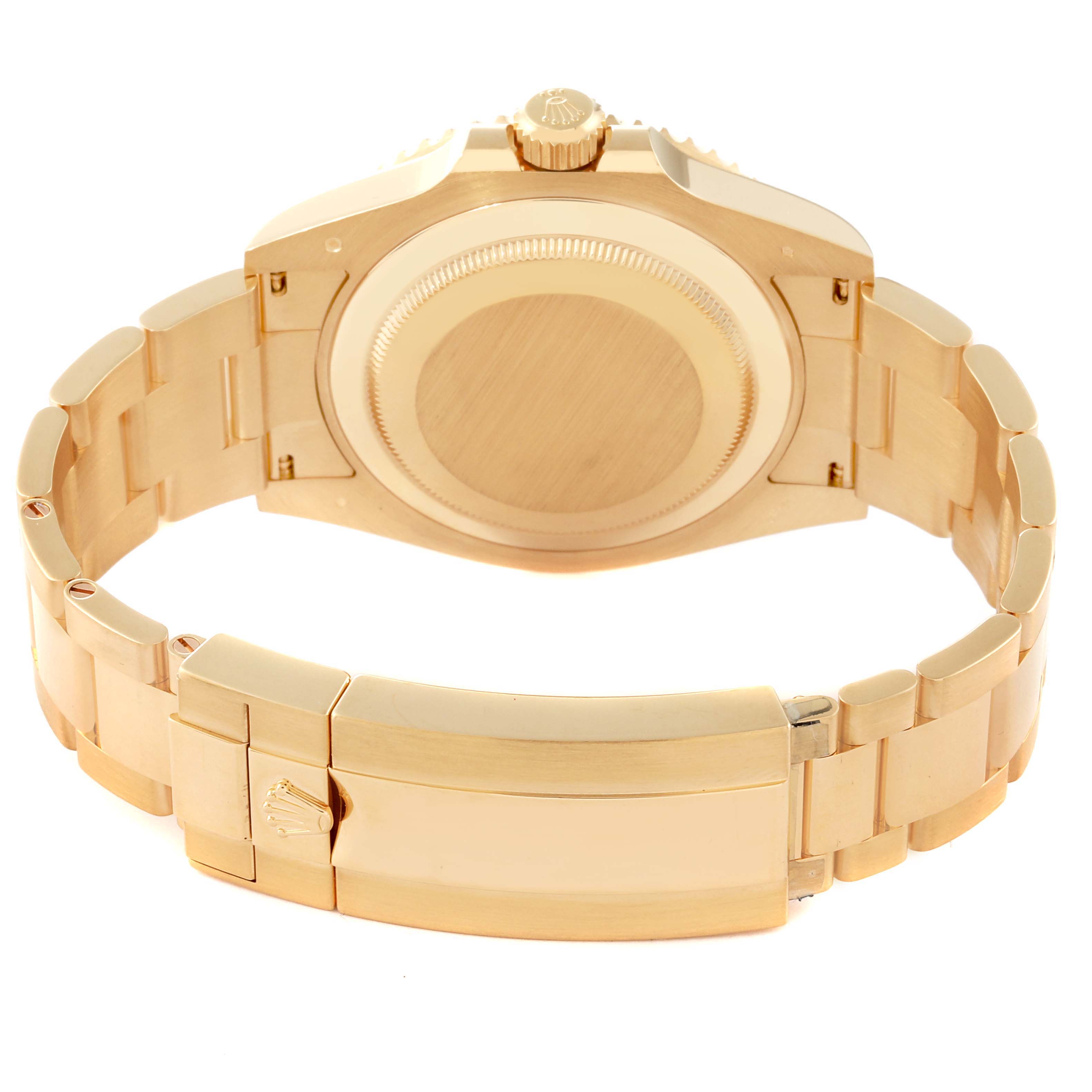 The image shows the back case and bracelet of a Rolex Submariner 126618LB Men's Yellow Gold Blue Dial 126618LB Men's Yellow Gold Blue Dial watch, viewed from a rear angle.