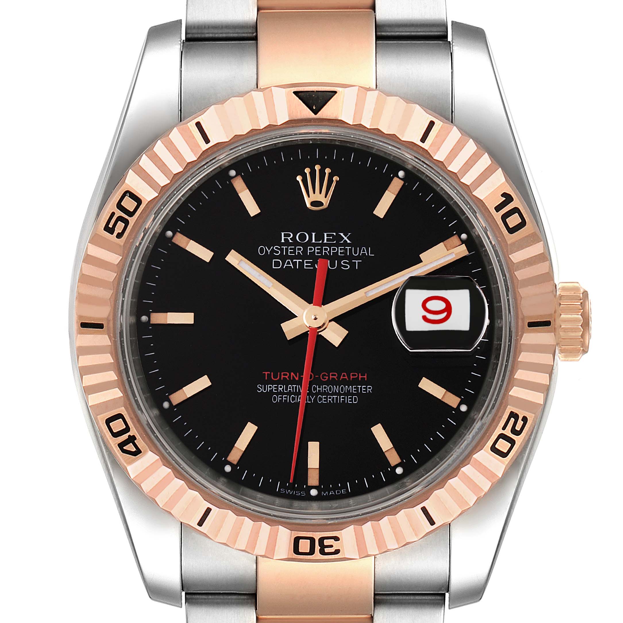This image showcases a front view of the Rolex Turn-o-Graph 116261 Men
s Steel and Gold (two tone) Black Dial 116261 Men
s Steel and Gold (two tone) Black Dial watch, highlighting its dial, bezel, hands, and bracelet.