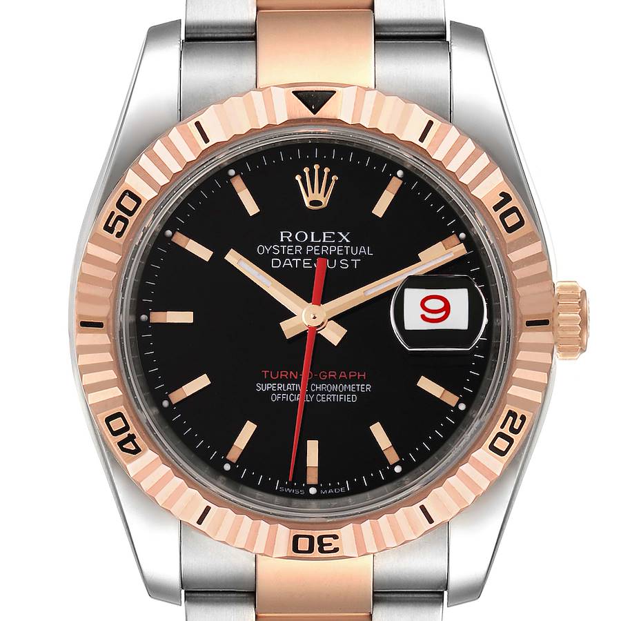 Rolex Turnograph Datejust Rose Gold Black Dial Mens Watch 116261 Box Papers SwissWatchExpo