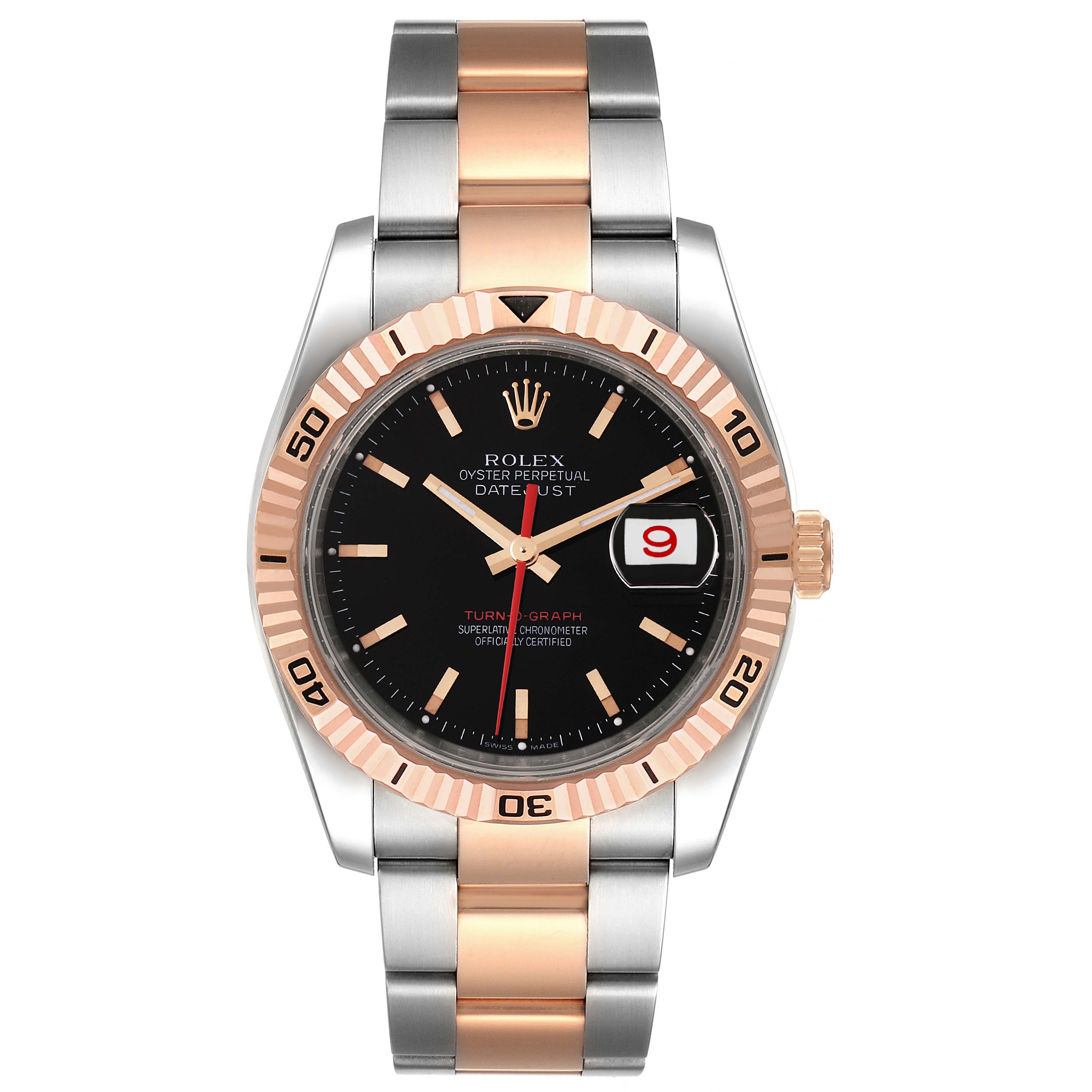 The image shows a Rolex Turn-o-Graph 116261 Men
s Steel and Gold (two tone) Black Dial 116261 Men
s Steel and Gold (two tone) Black Dial watch from a front angle, displaying its dial, bezel, and two-tone bracelet.