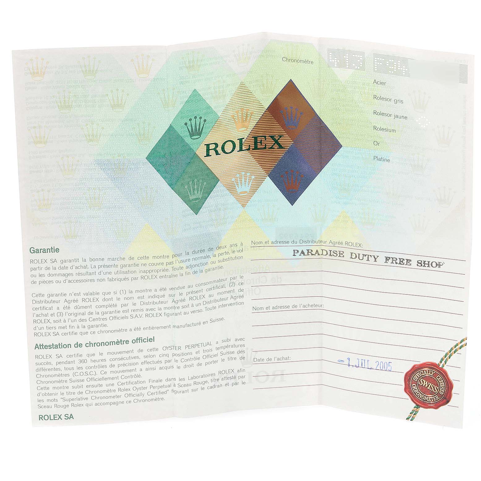 This image shows the warranty certificate for the Rolex Turn-o-Graph 116261 Men
s Steel and Gold (two tone) Black Dial 116261 Men
s Steel and Gold (two tone) Black Dial model.