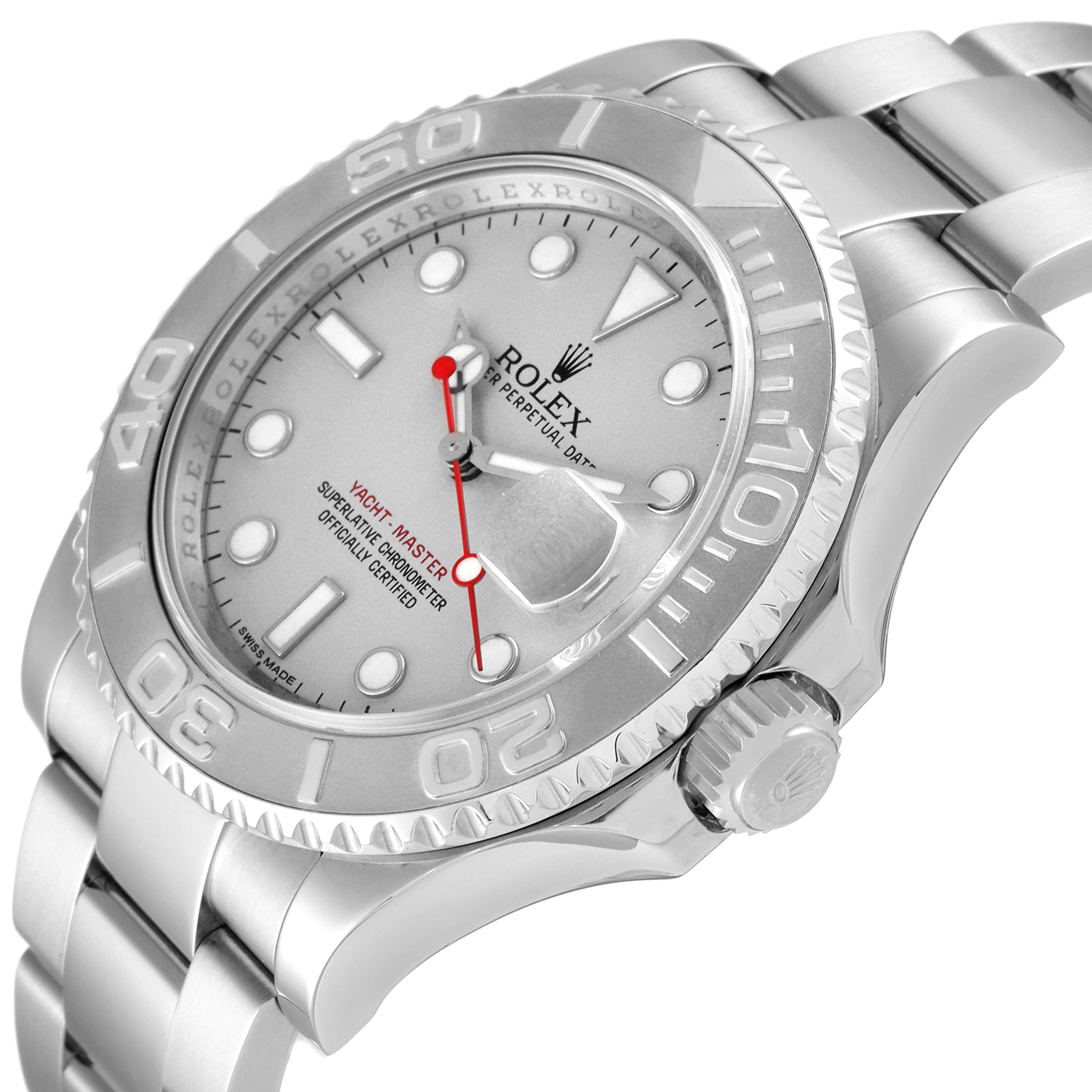 This Yacht-Master Rolex watch is shown at a three-quarter angle highlighting the face, bezel, crown, and part of the bracelet.