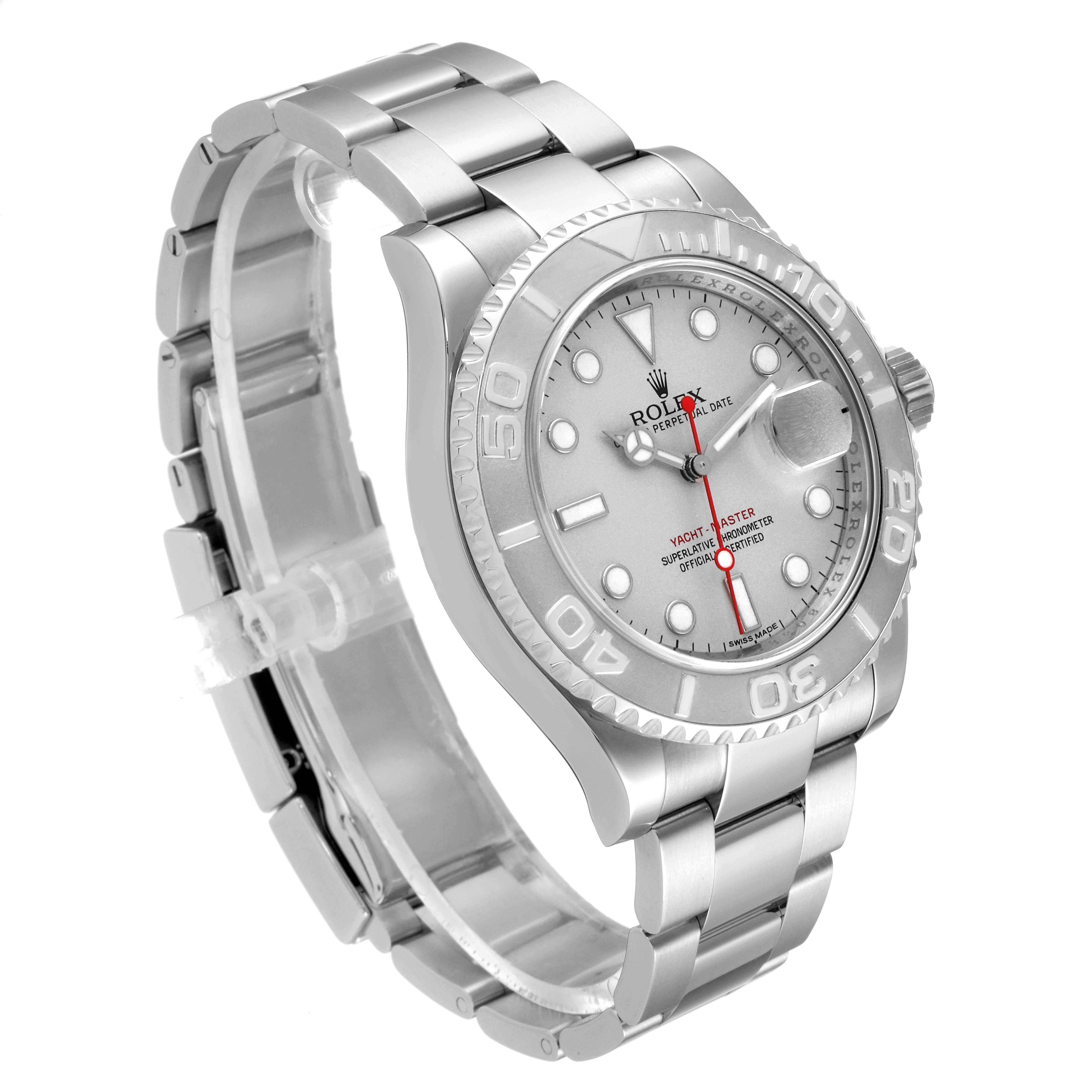 The Rolex Yacht-Master 116622 Men
s Stainless Steel Silver Dial 116622 Men
s Stainless Steel Silver Dial watch is shown at a 3/4 angle, displaying the watch face, bezel, crown, and bracelet.