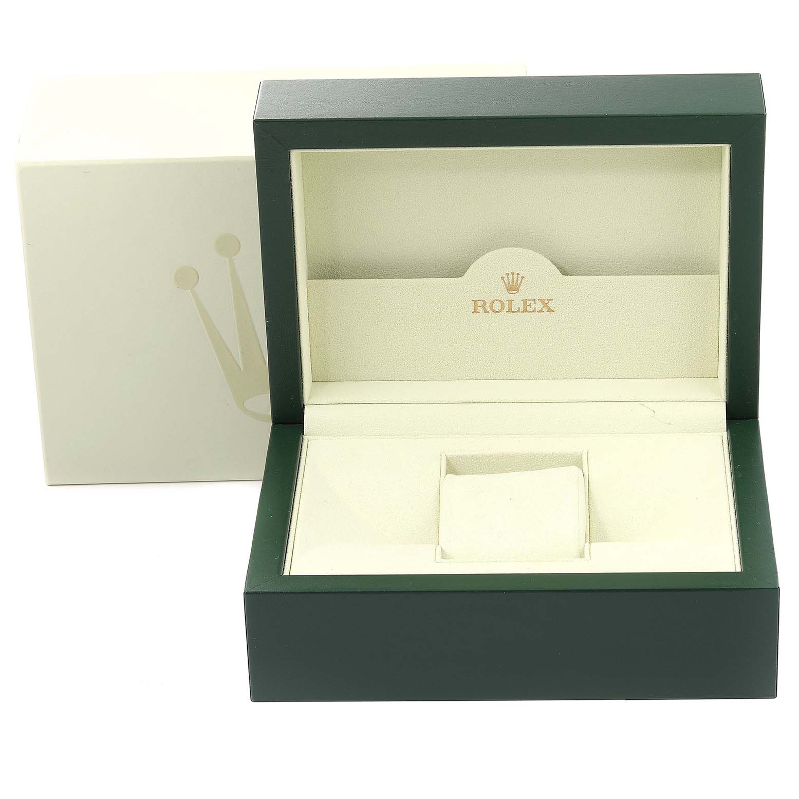 This image shows the open box for the Rolex Yacht-Master 116622 Men
s Stainless Steel Silver Dial 116622 Men
s Stainless Steel Silver Dial watch, displaying the inner and outer boxes.