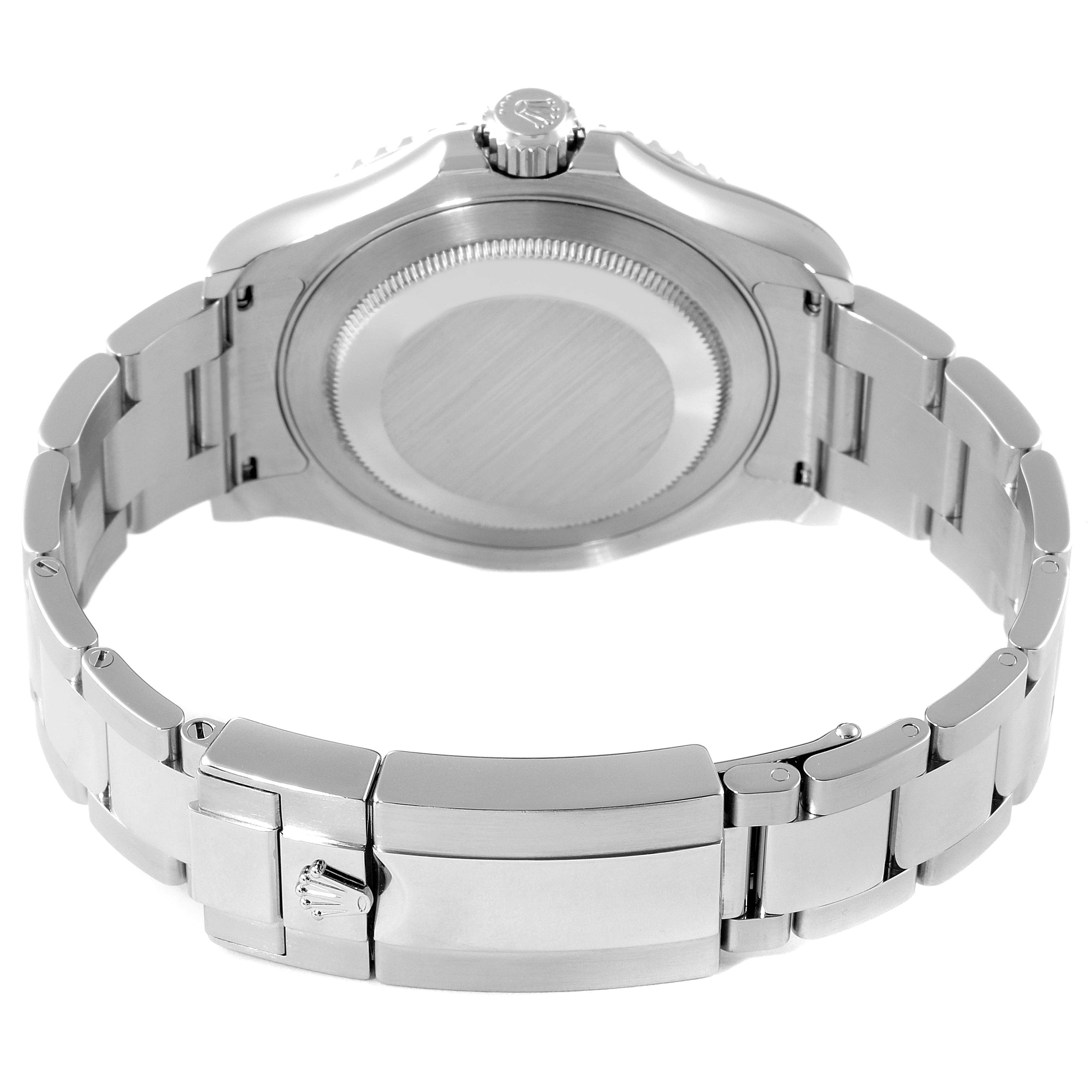 This image shows the back view of the Rolex Yacht-Master 116622 Men
s Stainless Steel Silver Dial 116622 Men
s Stainless Steel Silver Dial watch, highlighting the closed case back and the bracelet with the clasp.