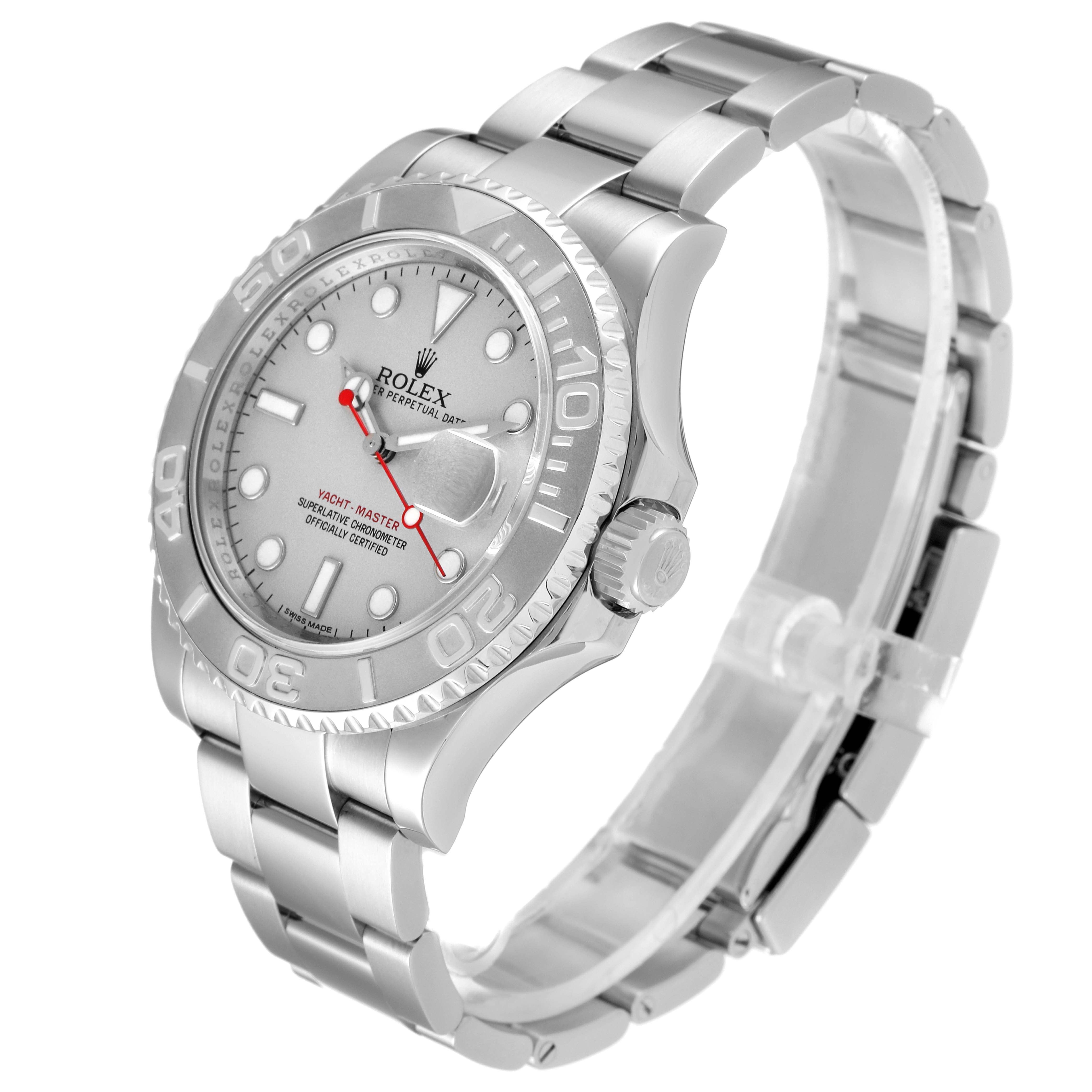 The Rolex Yacht-Master 116622 Men
s Stainless Steel Silver Dial 116622 Men
s Stainless Steel Silver Dial watch is shown from a right-front angled view, highlighting the dial, bezel, case, and bracelet.