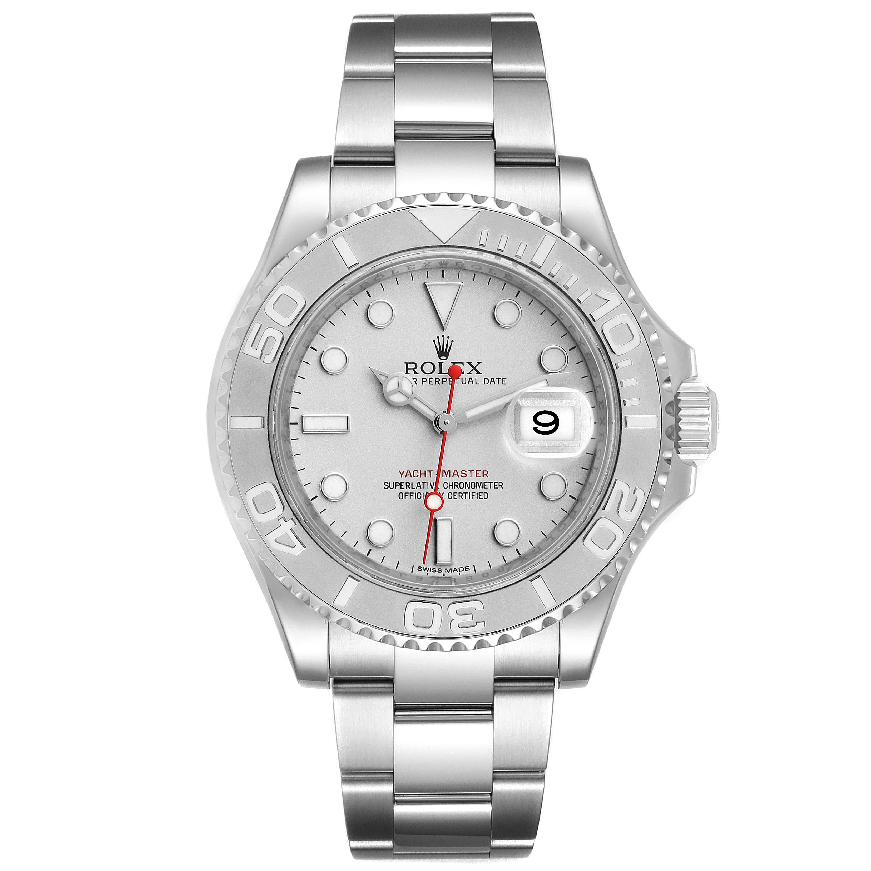 The image shows a front view of a Rolex Yacht-Master 116622 Men
s Stainless Steel Silver Dial 116622 Men
s Stainless Steel Silver Dial watch, showcasing its bracelet, dial, and bezel.