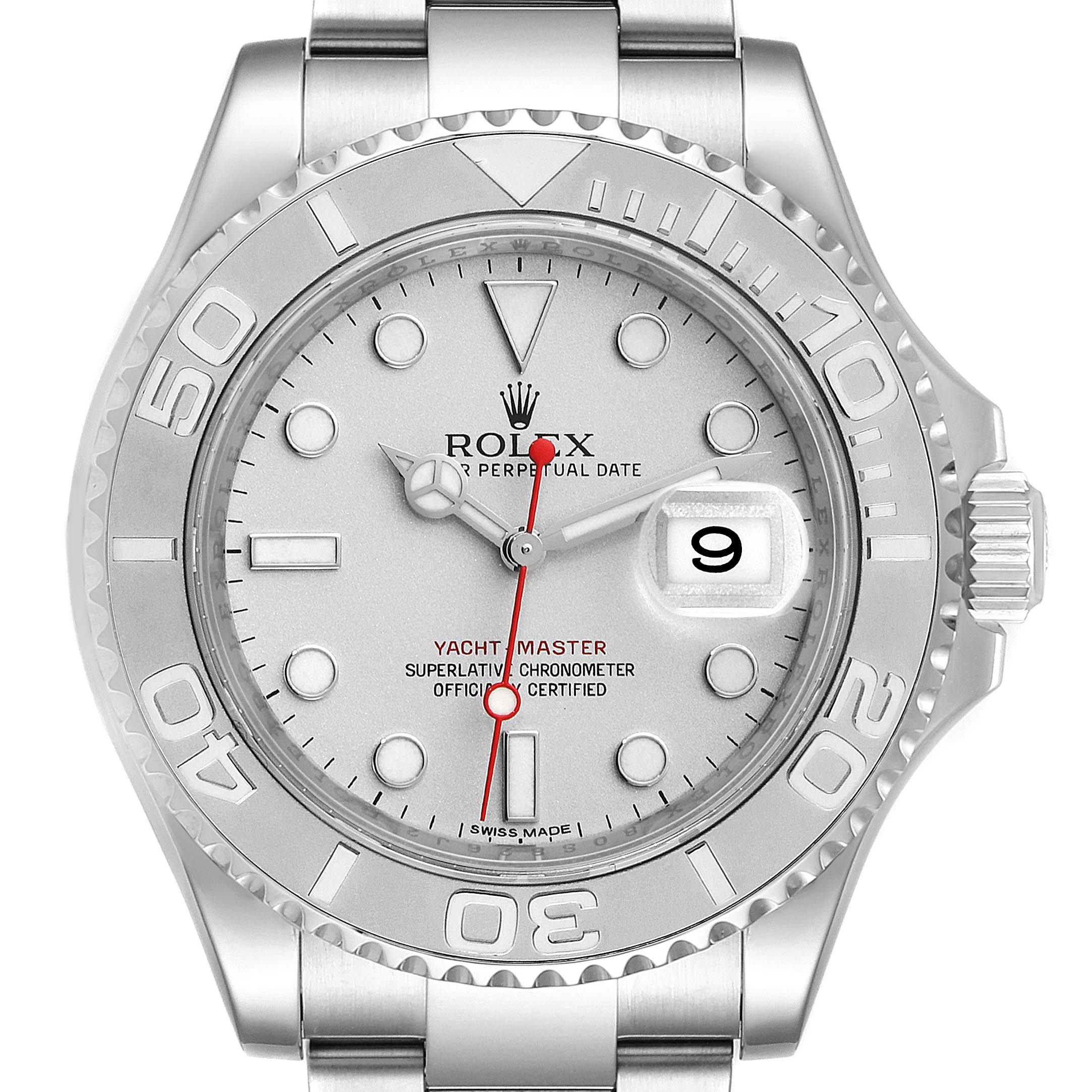 A front view of the Rolex Yacht-Master 116622 Men
s Stainless Steel Silver Dial 116622 Men
s Stainless Steel Silver Dial watch is shown, featuring the dial, bezel, hands, crown, and bracelet.