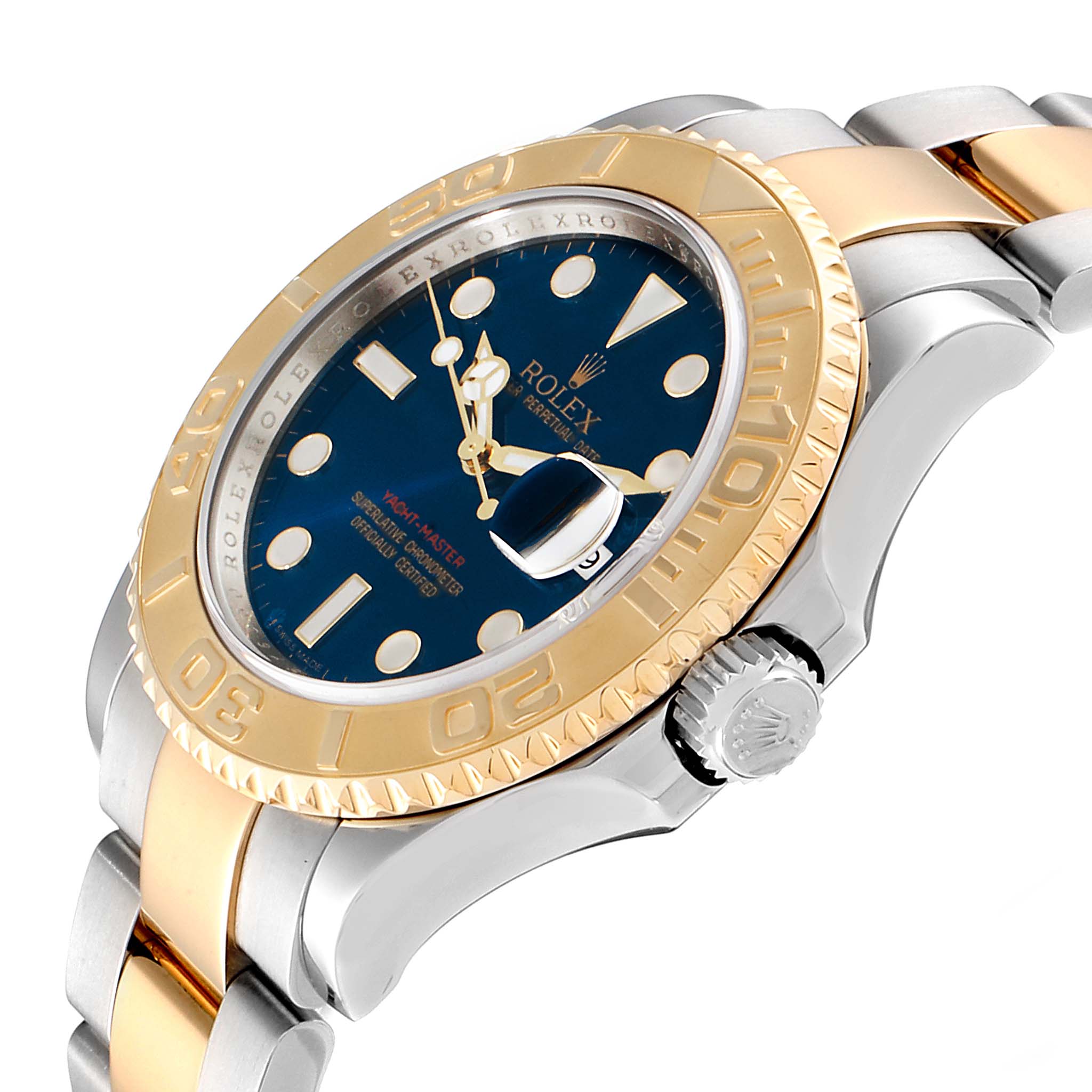 This image shows a side angle of the Rolex Yacht-Master 16623 Men
s Steel and Gold (two tone) Blue Dial 16623 Men
s Steel and Gold (two tone) Blue Dial, highlighting its bezel, crown, and part of the bracelet.