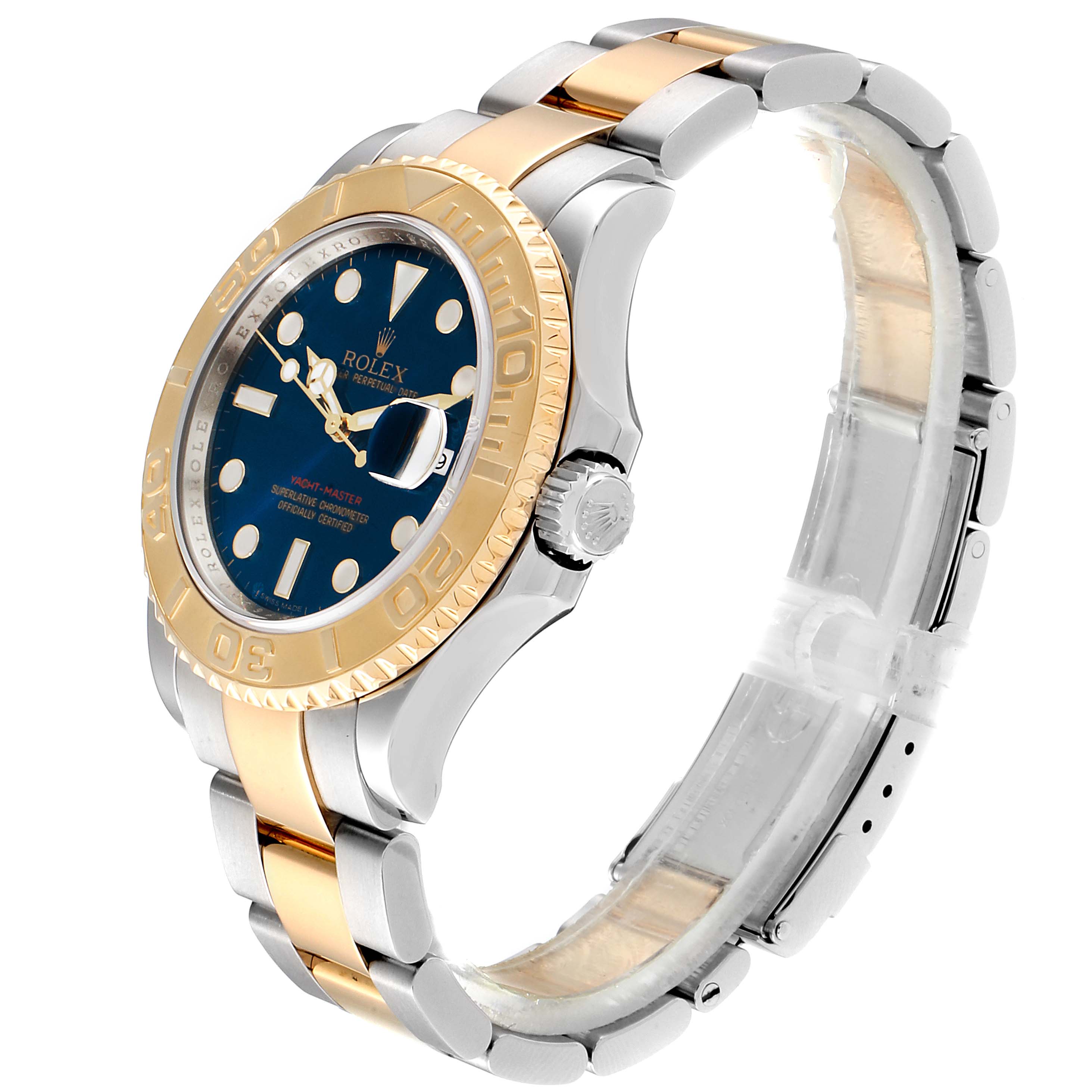 This image shows a side view of a Rolex Yacht-Master 16623 Men
s Steel and Gold (two tone) Blue Dial 16623 Men
s Steel and Gold (two tone) Blue Dial watch featuring a two-tone bracelet and blue dial.