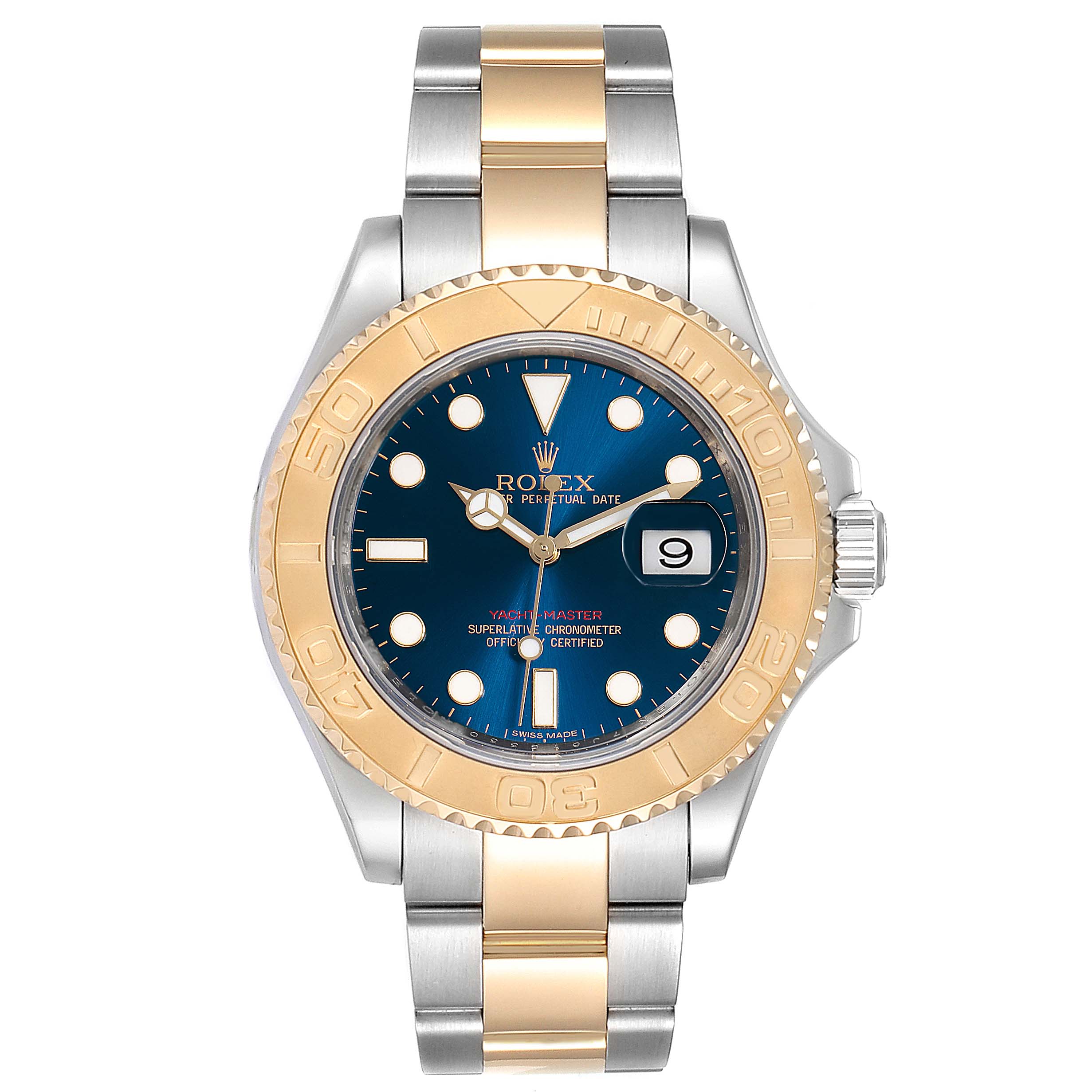 The Rolex Yacht-Master 16623 Men
s Steel and Gold (two tone) Blue Dial 16623 Men
s Steel and Gold (two tone) Blue Dial watch is shown from the front, displaying the dial, bezel, and bracelet.