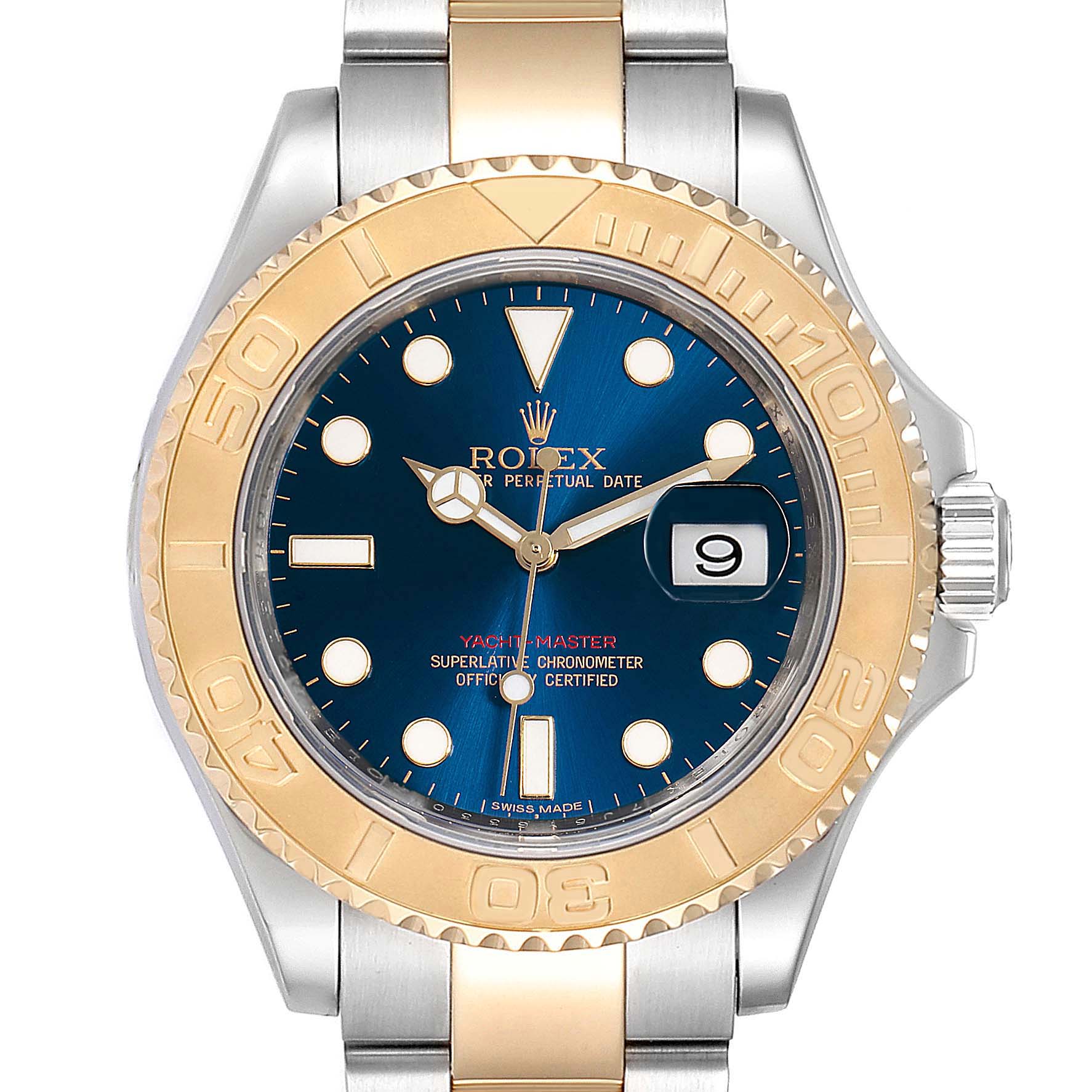 This image shows a front view of the Rolex Yacht-Master 16623 Men
s Steel and Gold (two tone) Blue Dial 16623 Men
s Steel and Gold (two tone) Blue Dial watch, highlighting the bezel, dial, hands, and bracelet.