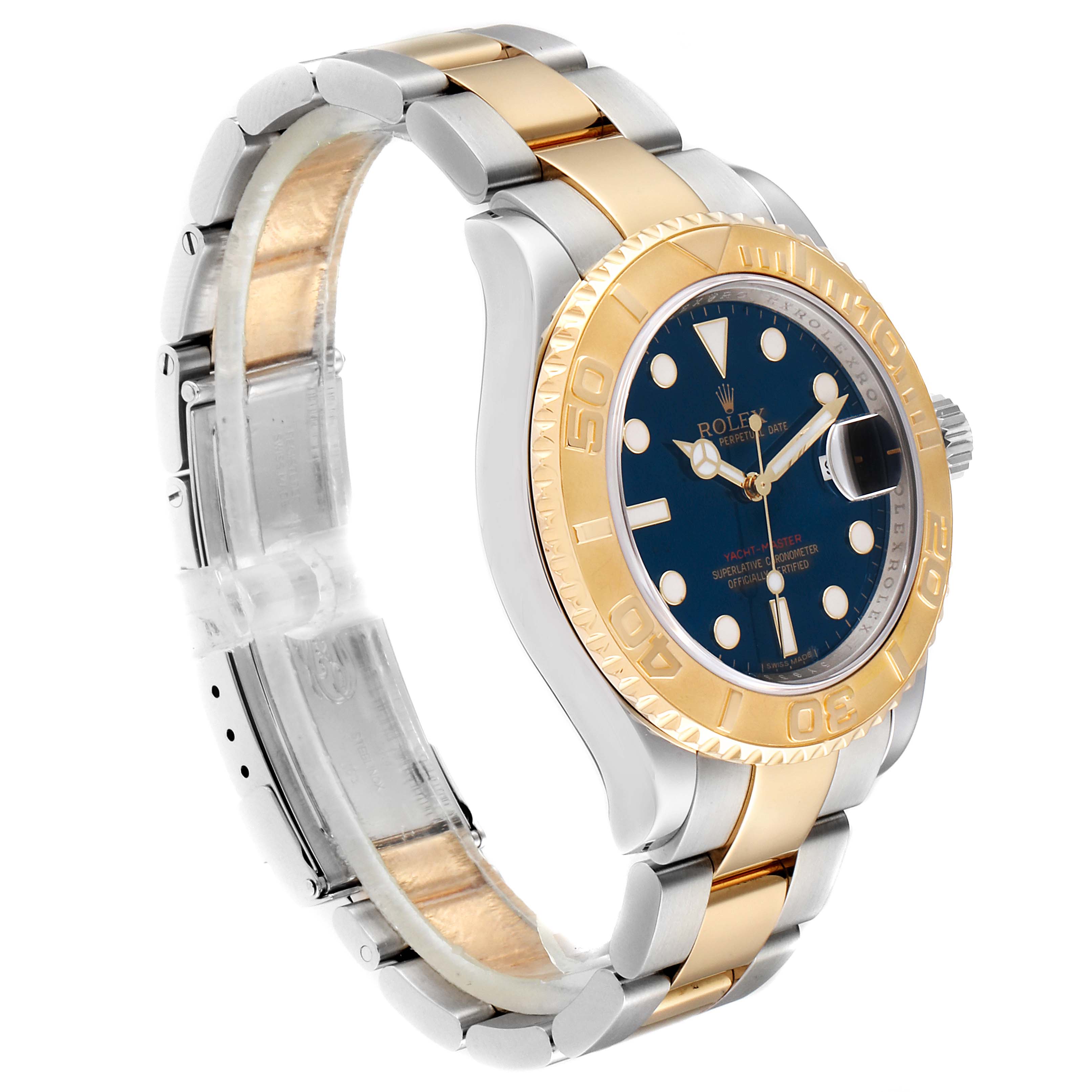 The Yacht-Master Rolex watch is shown from an angled side view, highlighting the bezel, dial, and bracelet.