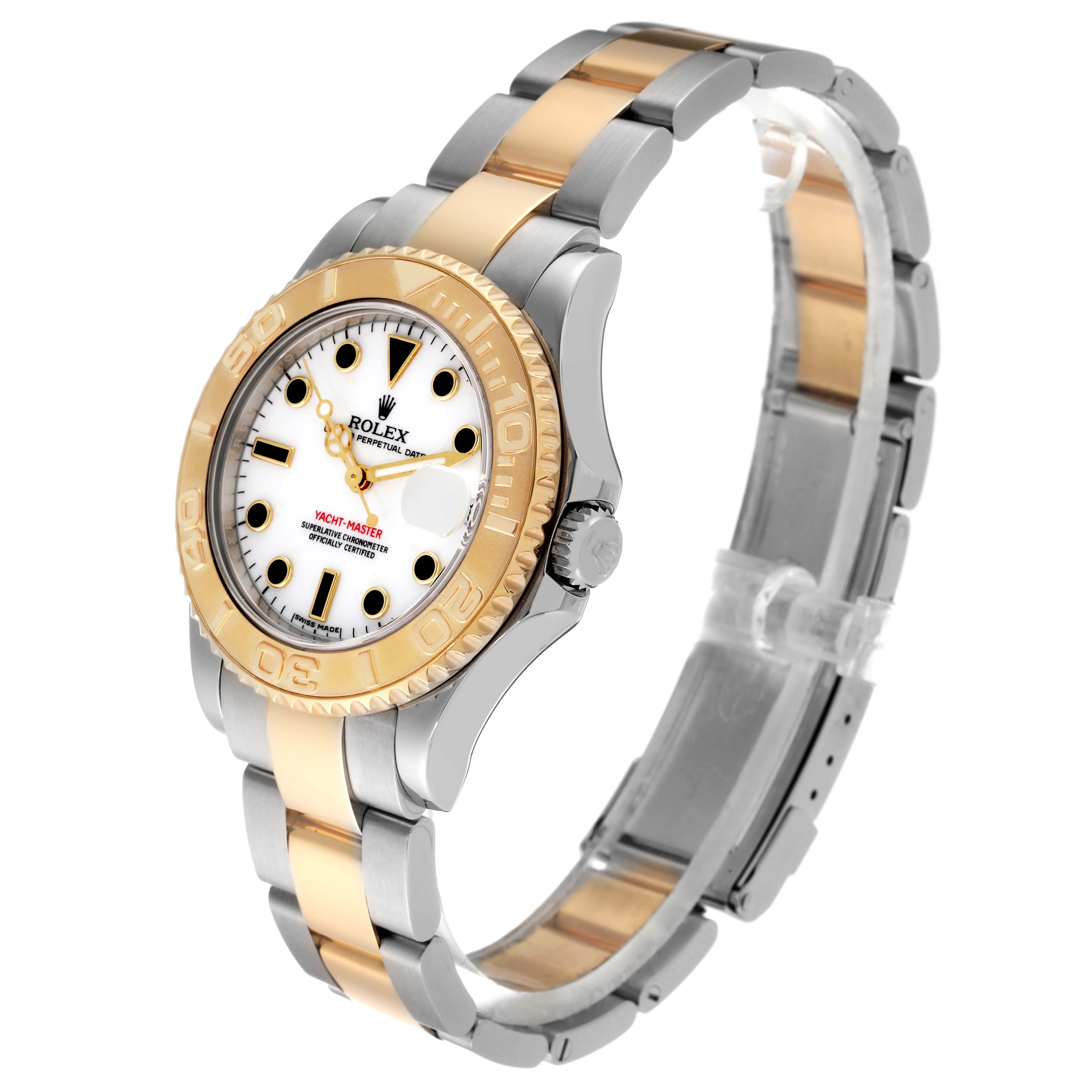 The Rolex Yacht-Master 168623 Men's Steel and Gold (two tone) White Dial 168623 Men's Steel and Gold (two tone) White Dial watch is shown from a three-quarter angle, highlighting the face, case, and two-tone bracelet.