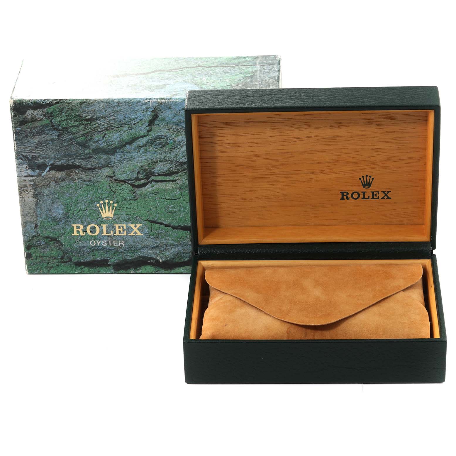 The image shows the packaging of a Rolex Yacht-Master 168623 Men's Steel and Gold (two tone) White Dial 168623 Men's Steel and Gold (two tone) White Dial, including an outer box, a wooden inner case, and a suede pouch.