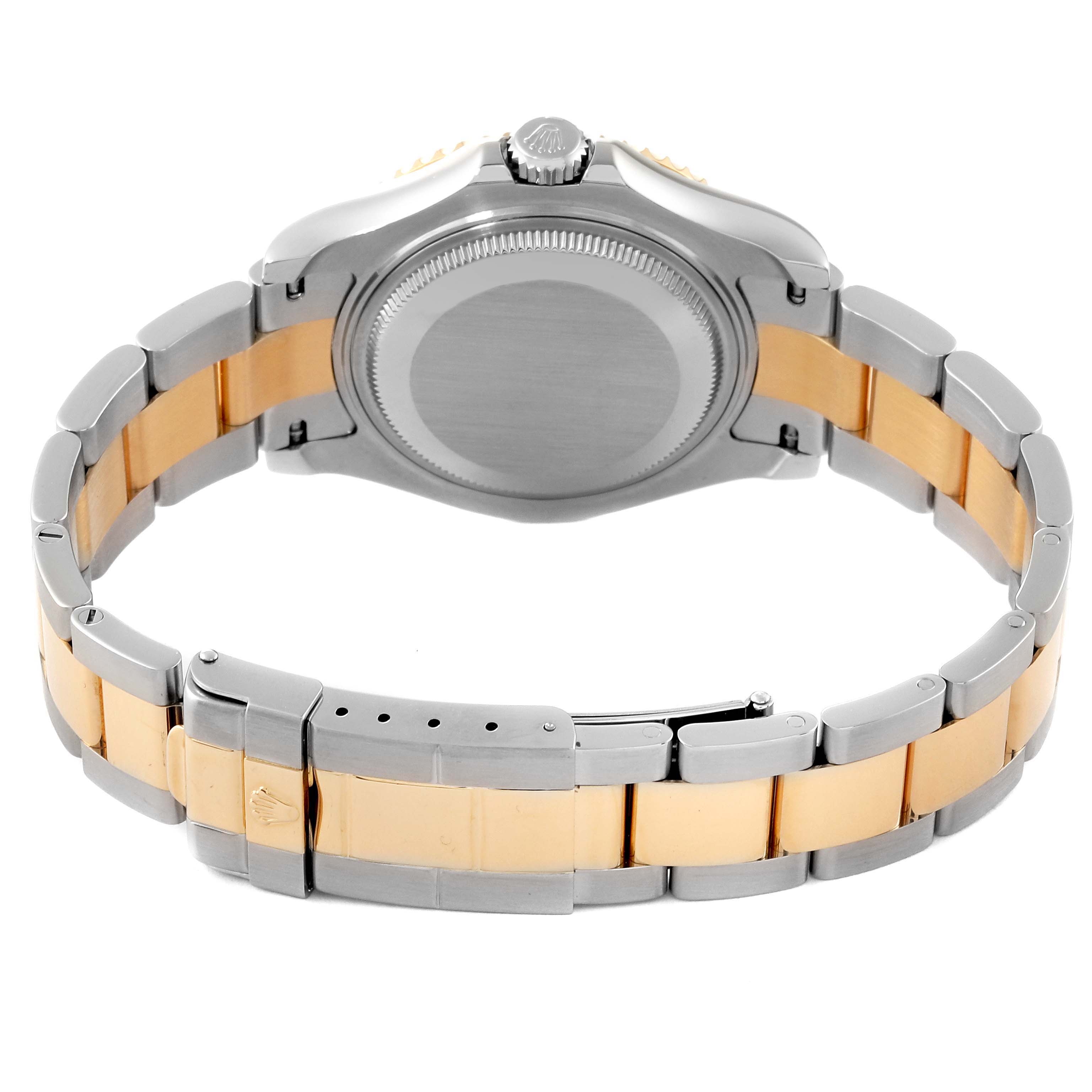 This Rolex Yacht-Master 168623 Men's Steel and Gold (two tone) White Dial 168623 Men's Steel and Gold (two tone) White Dial watch is shown from the back, highlighting its case back, crown, and two-tone bracelet.