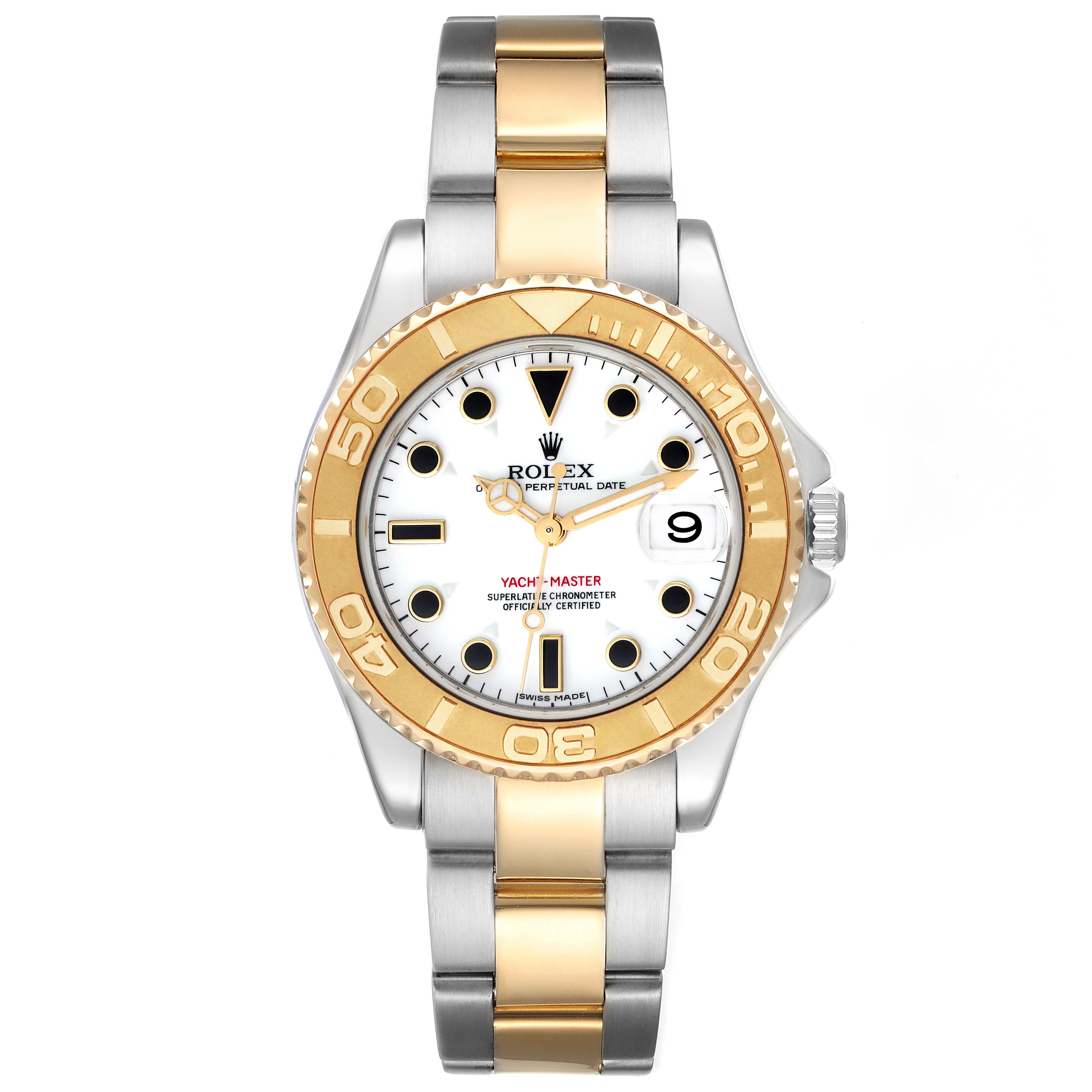This is a front-facing view of a Rolex Yacht-Master 168623 Men's Steel and Gold (two tone) White Dial 168623 Men's Steel and Gold (two tone) White Dial watch, showcasing its face, bezel, and bracelet.
