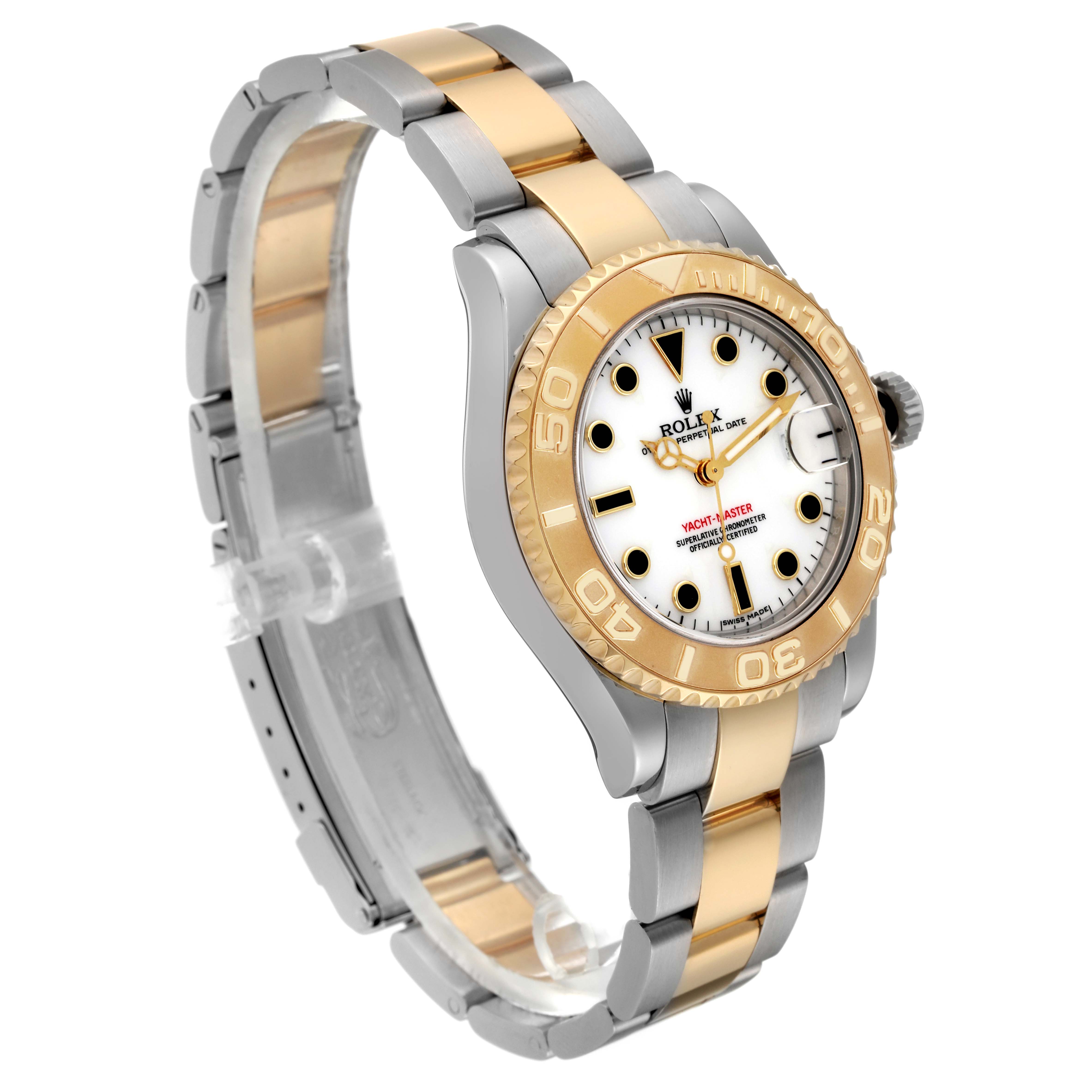 The image shows a Rolex Yacht-Master 168623 Men's Steel and Gold (two tone) White Dial 168623 Men's Steel and Gold (two tone) White Dial watch at a slight angle, highlighting its gold and silver band, bezel, and face.