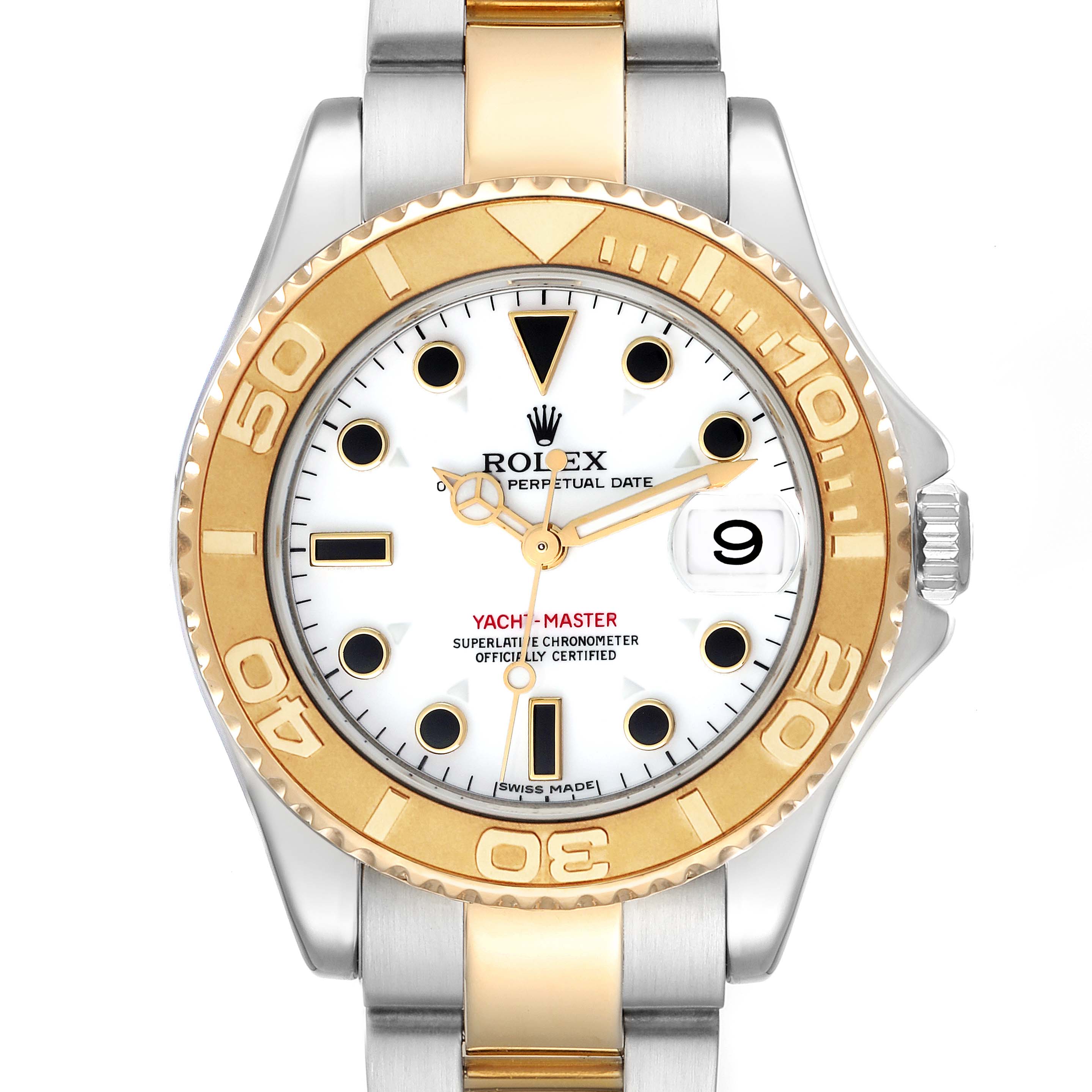 This is a front view of a Rolex Yacht-Master 168623 Men's Steel and Gold (two tone) White Dial 168623 Men's Steel and Gold (two tone) White Dial watch showcasing its dial, bezel, and bracelet.