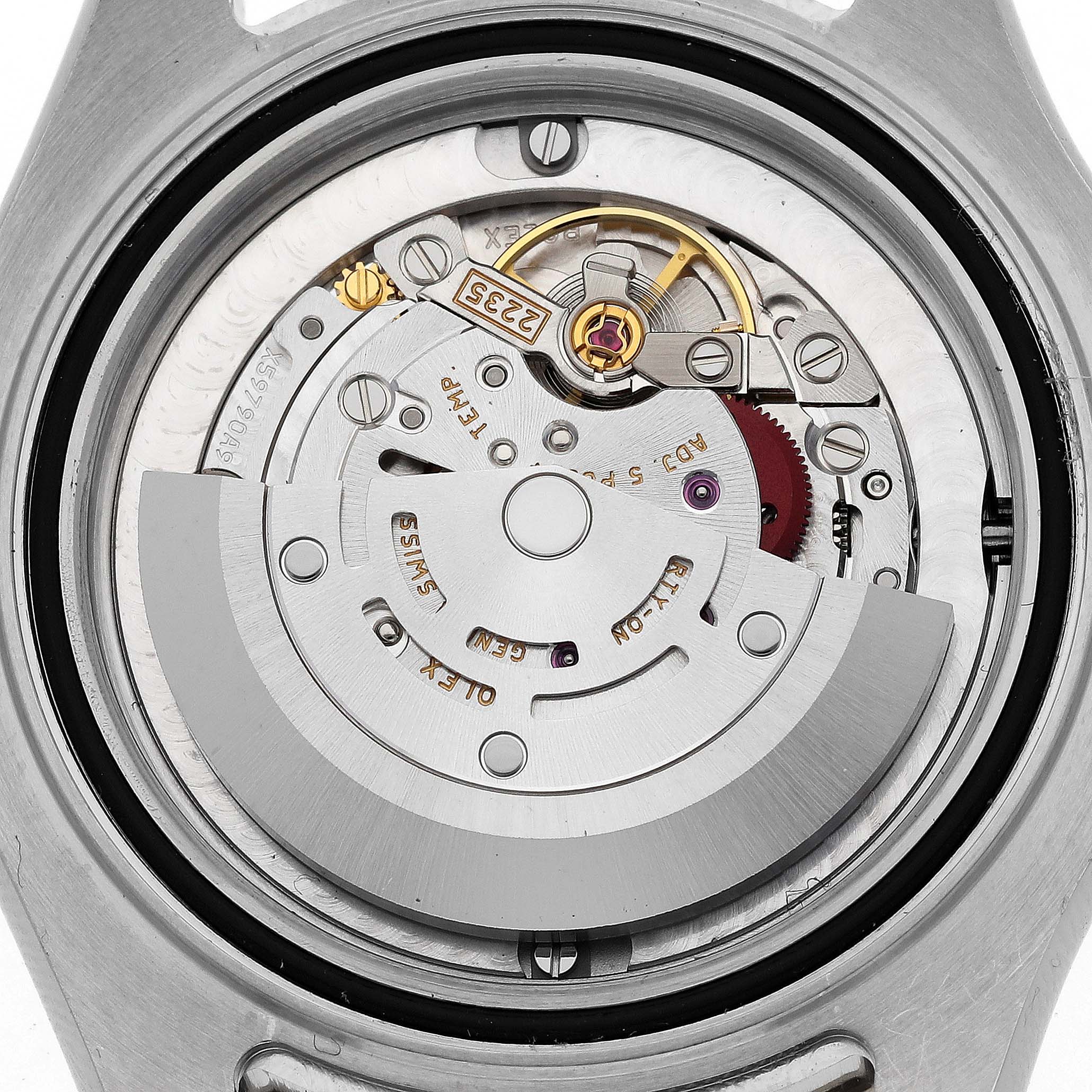 This image shows the movement and internals of the Rolex Yacht-Master 168623 Men's Steel and Gold (two tone) White Dial 168623 Men's Steel and Gold (two tone) White Dial watch from the back angle.